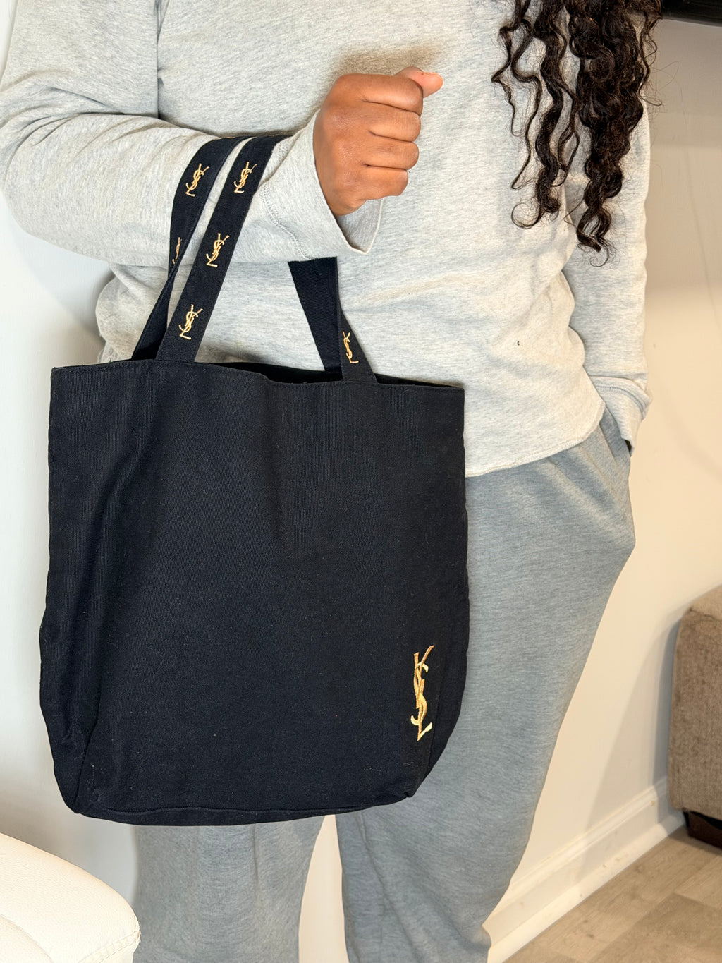 Yves Saint Laurent (YSL) Black Canvas Tote with Gold Monogram