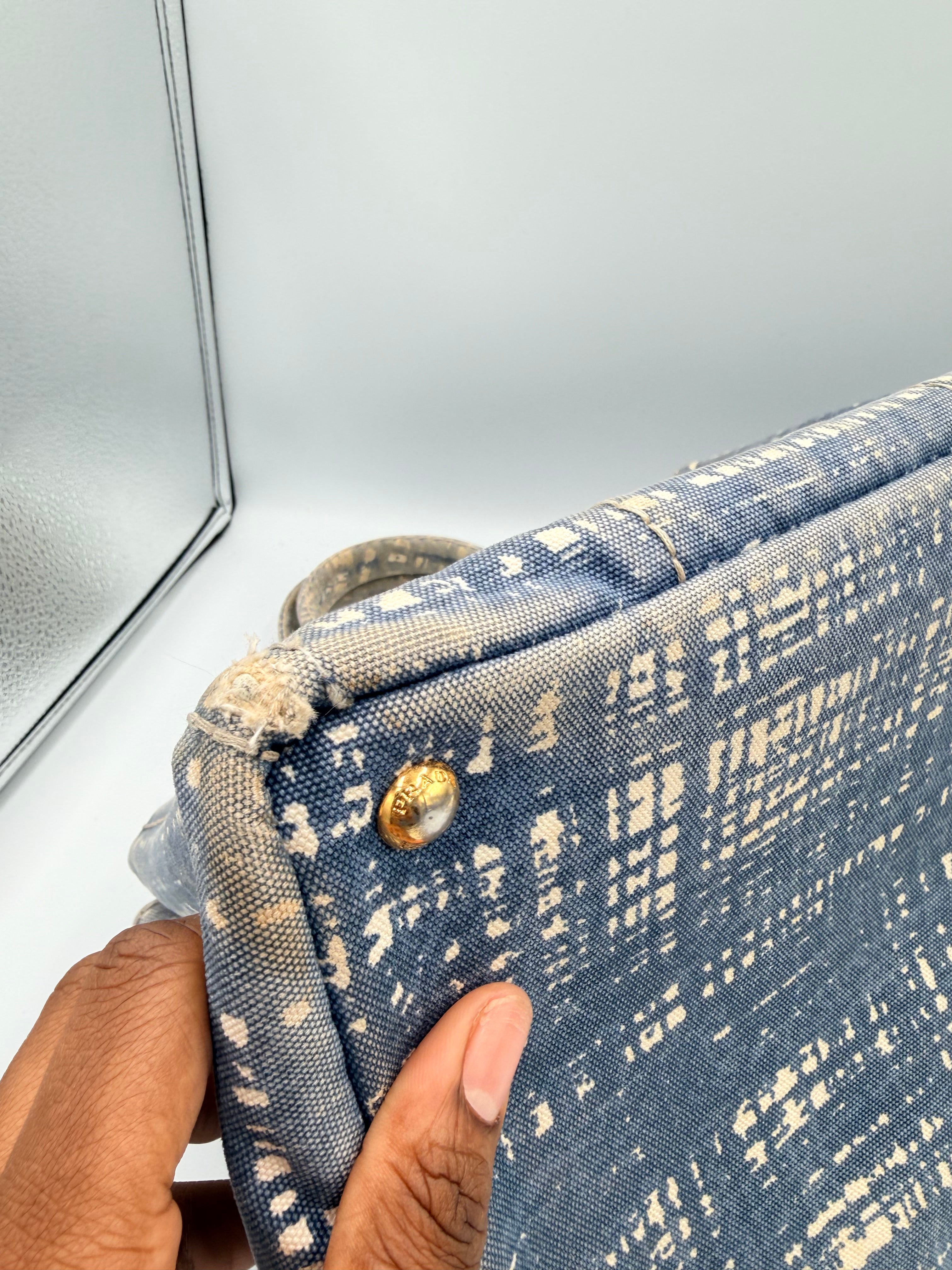 Prada Canapa Denim Abstract Print Tote