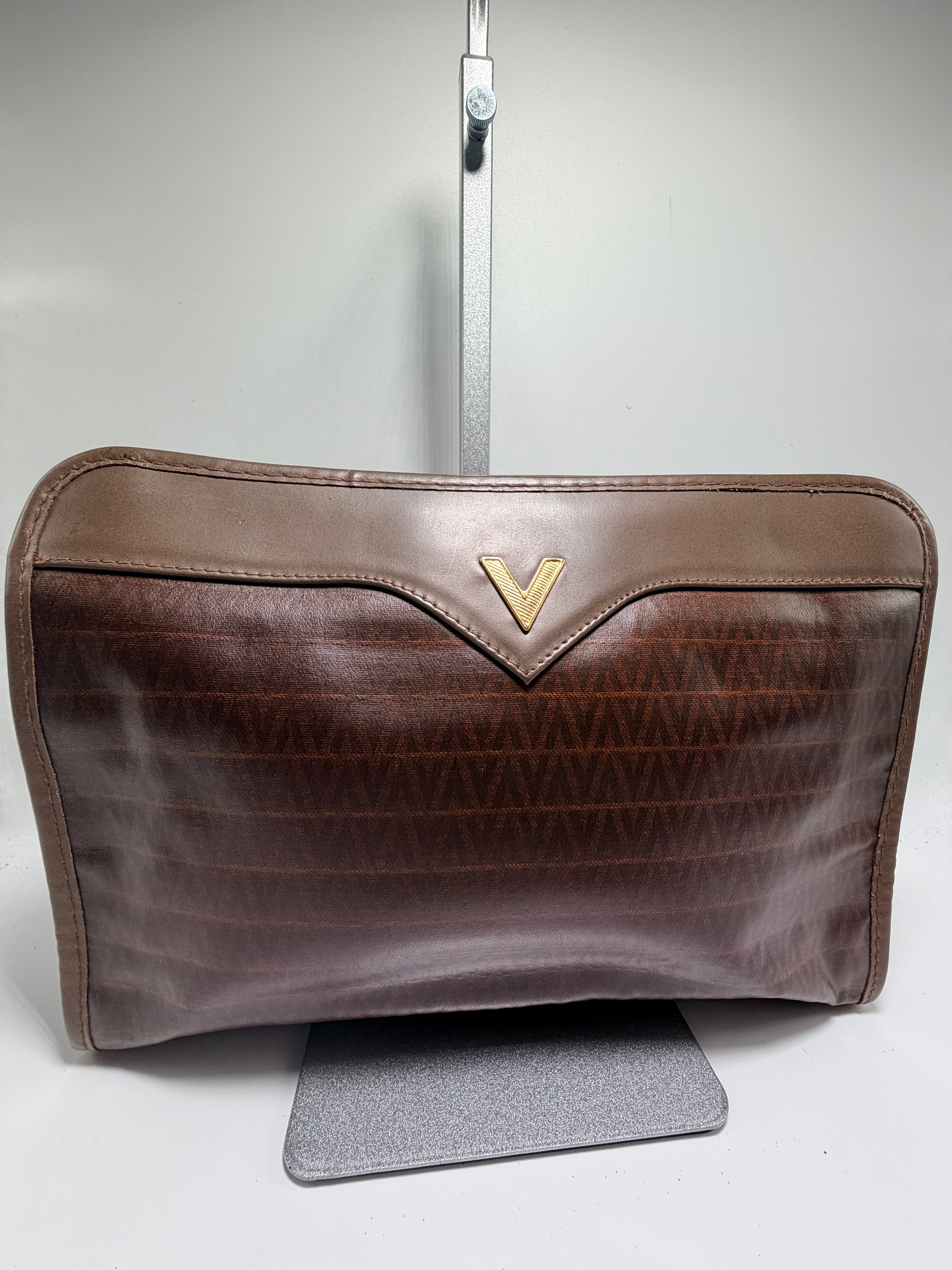 Valentino Leather Clutch – Brown Chevron V Logo