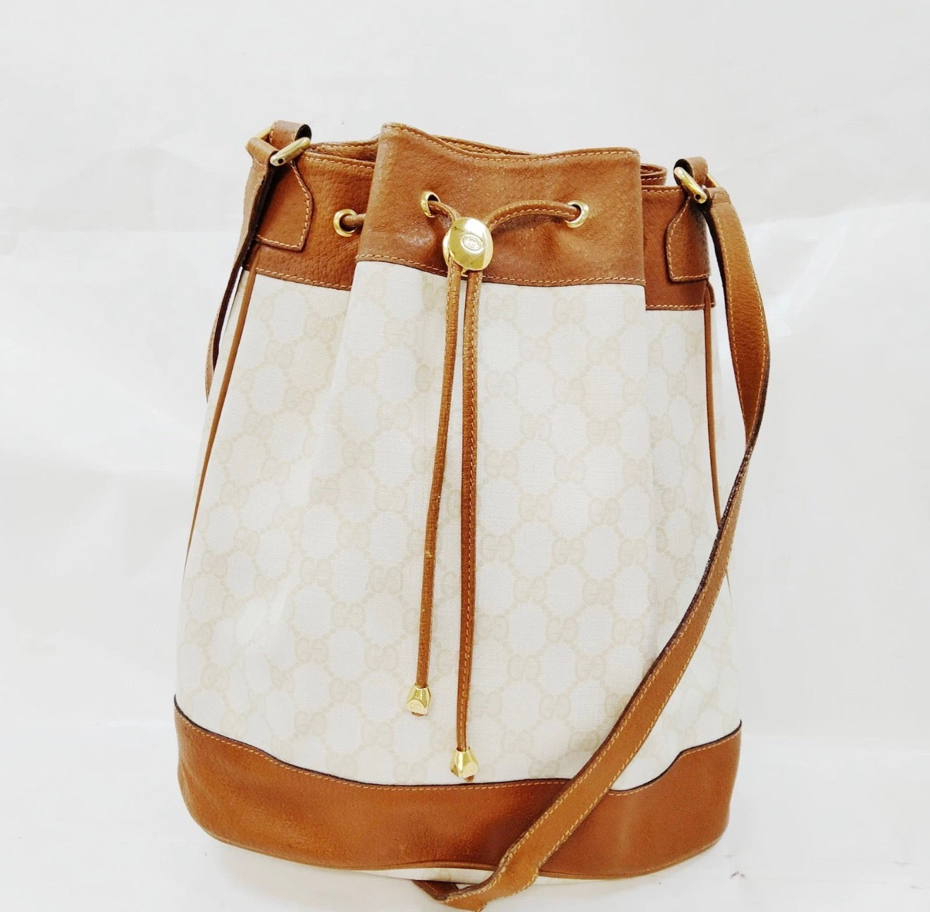 Gucci White GG Monogram Drawstring Bucket Bag