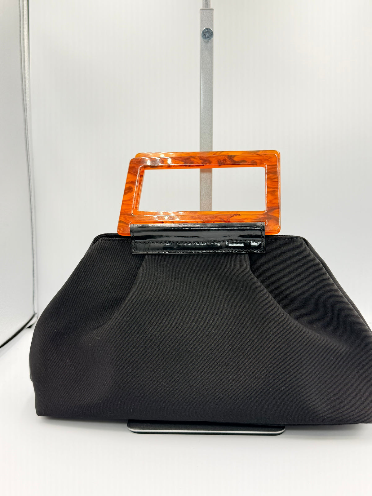 Balenciaga Black Pleated Handbag with Orange Lucite Handle