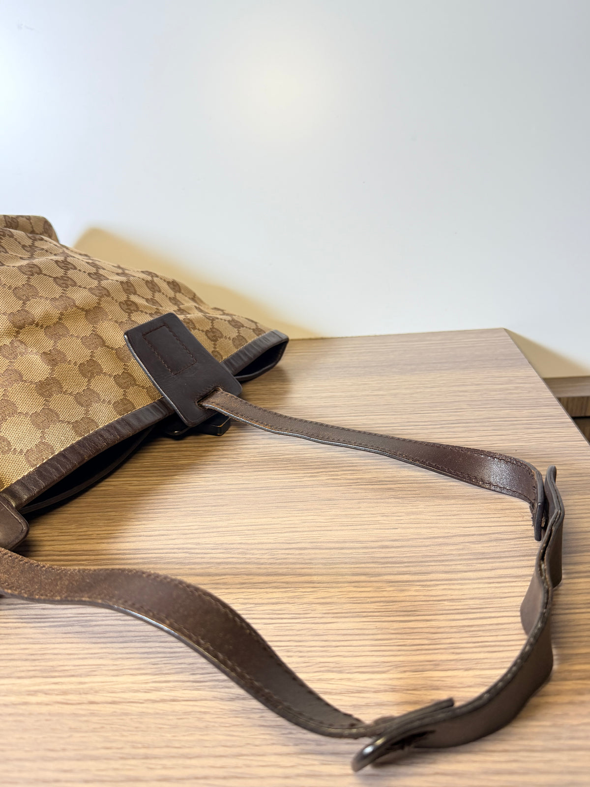 Gucci Vintage GG Monogram Canvas Tote Bag – Brown Leather Buckle Detail