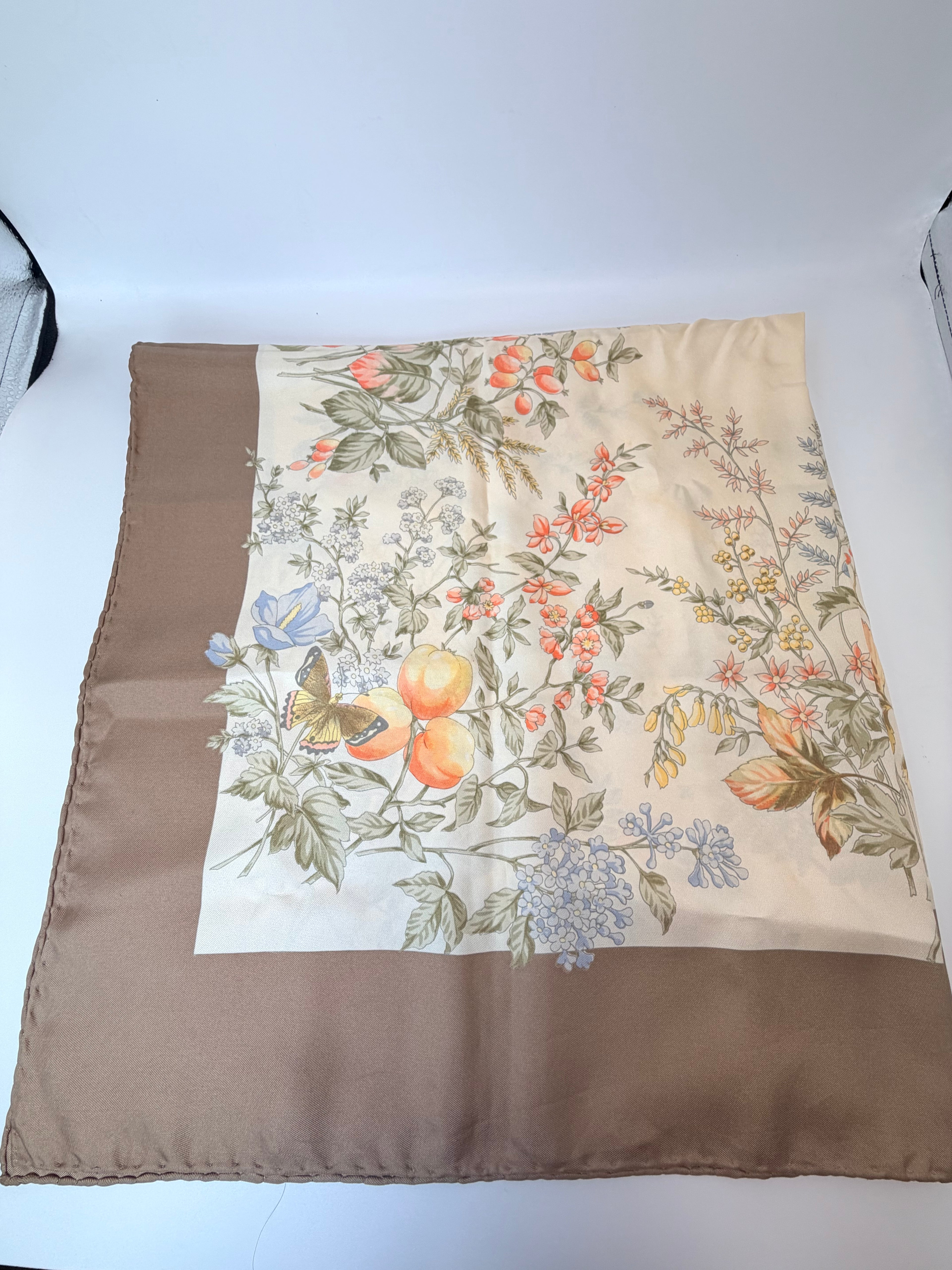 Christian Dior Silk Scarf – Botanical & Bird Print with Taupe Border
