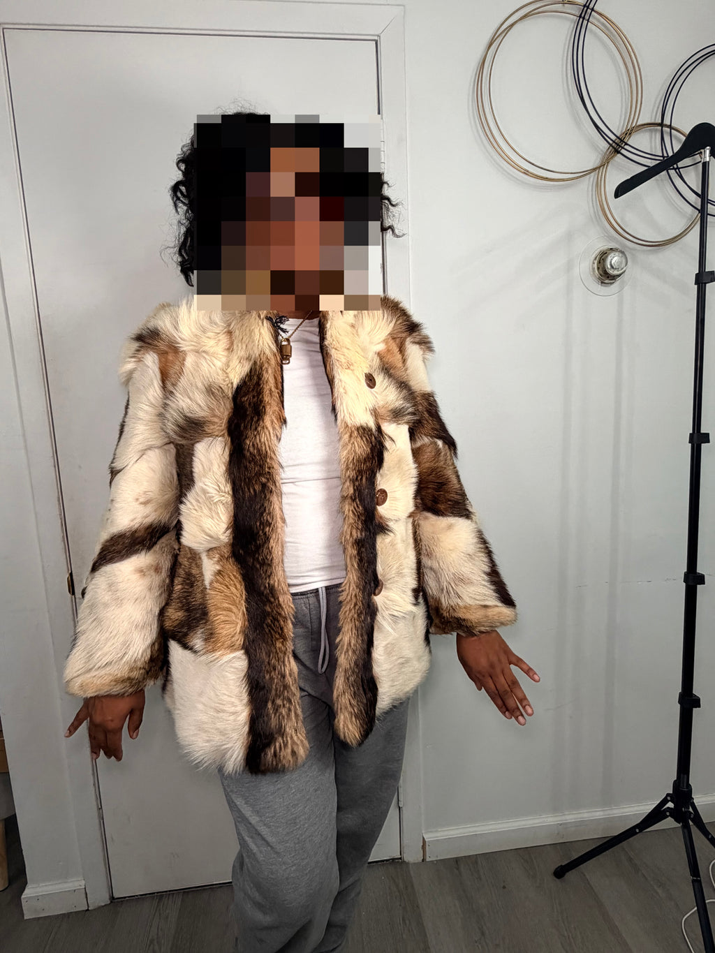 Vintage Patchwork Rabbit Fur Coat – Cream, Honey & Espresso (Medium)
