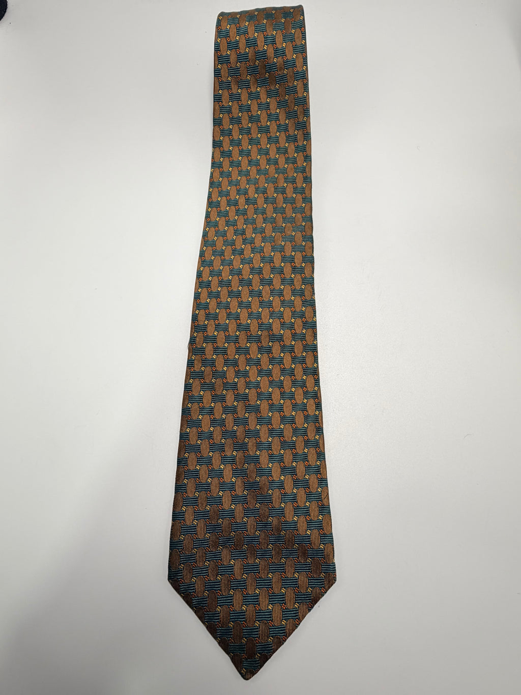 Yves Saint Laurent Silk Tie – Teal & Bronze Geometric