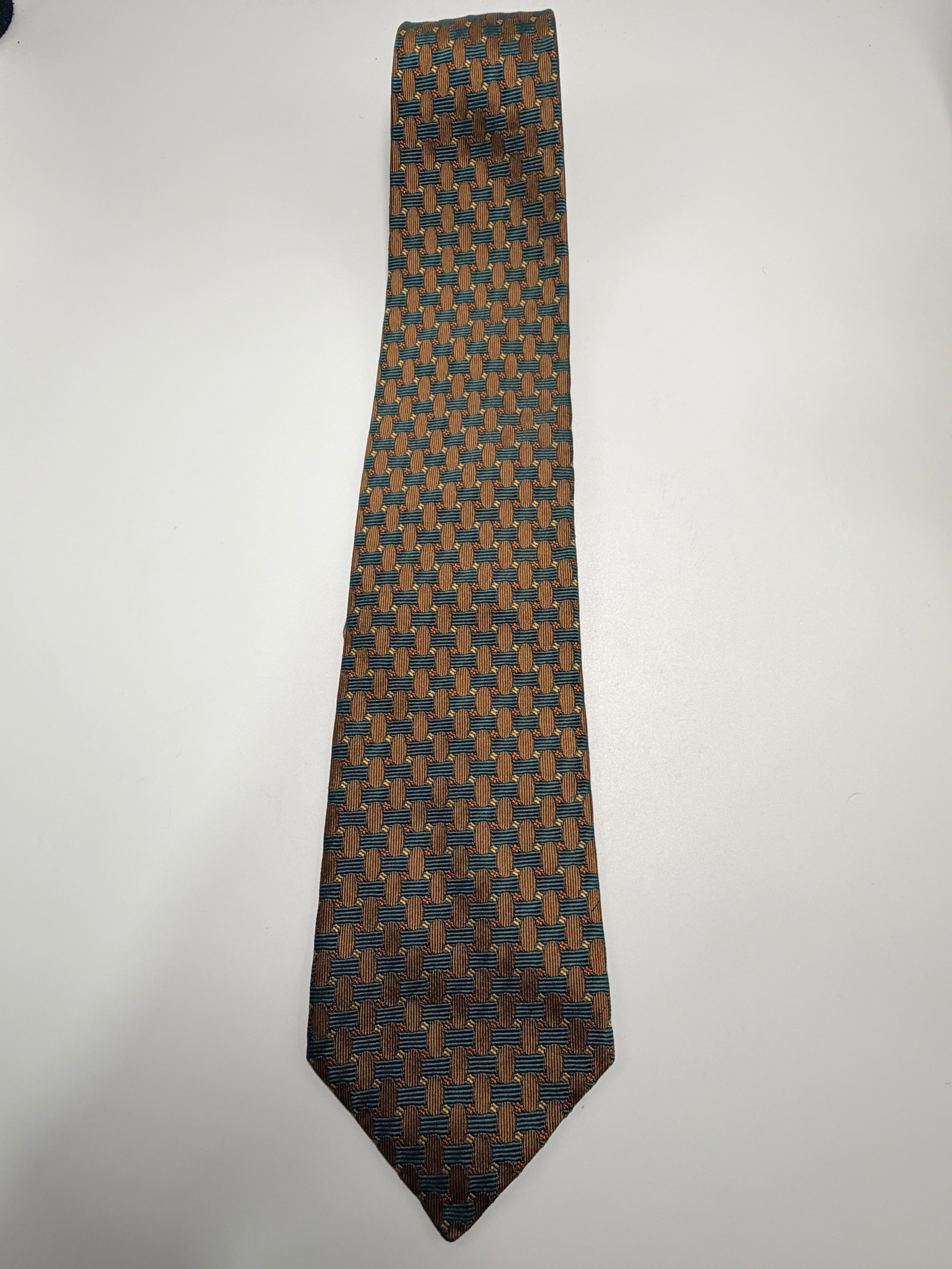 Yves Saint Laurent Silk Tie – Teal & Bronze Geometric