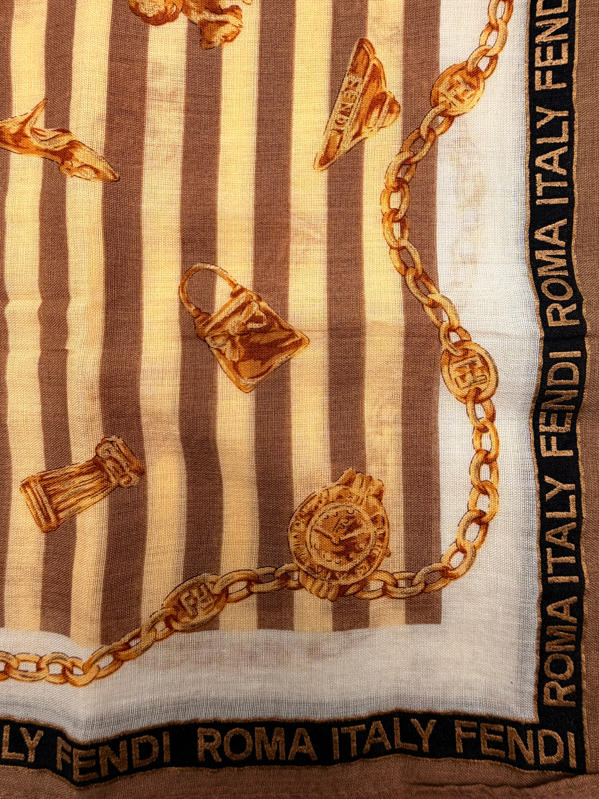 Fendi Roma Italy Striped Chain Motif Scarf – Brown & Cream