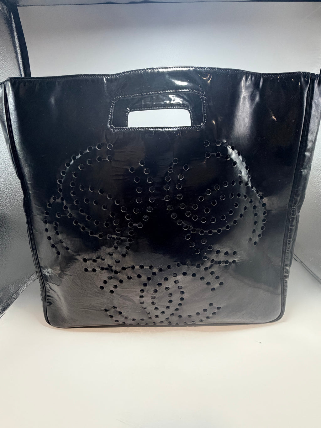Chanel Black Patent Leather Perforated CC Tote