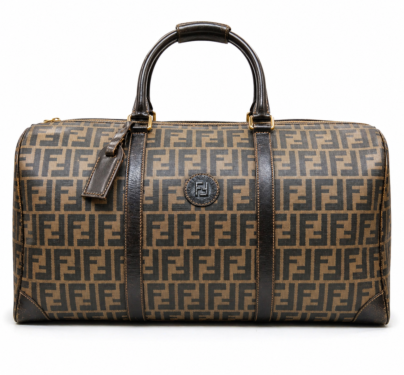 Fendi Vintage Zucca Boston Bag - Dark Brown Leather Trim