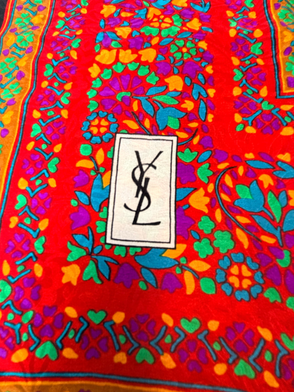 Yves Saint Laurent Silk Scarf – Black with Multicolor Floral Border
