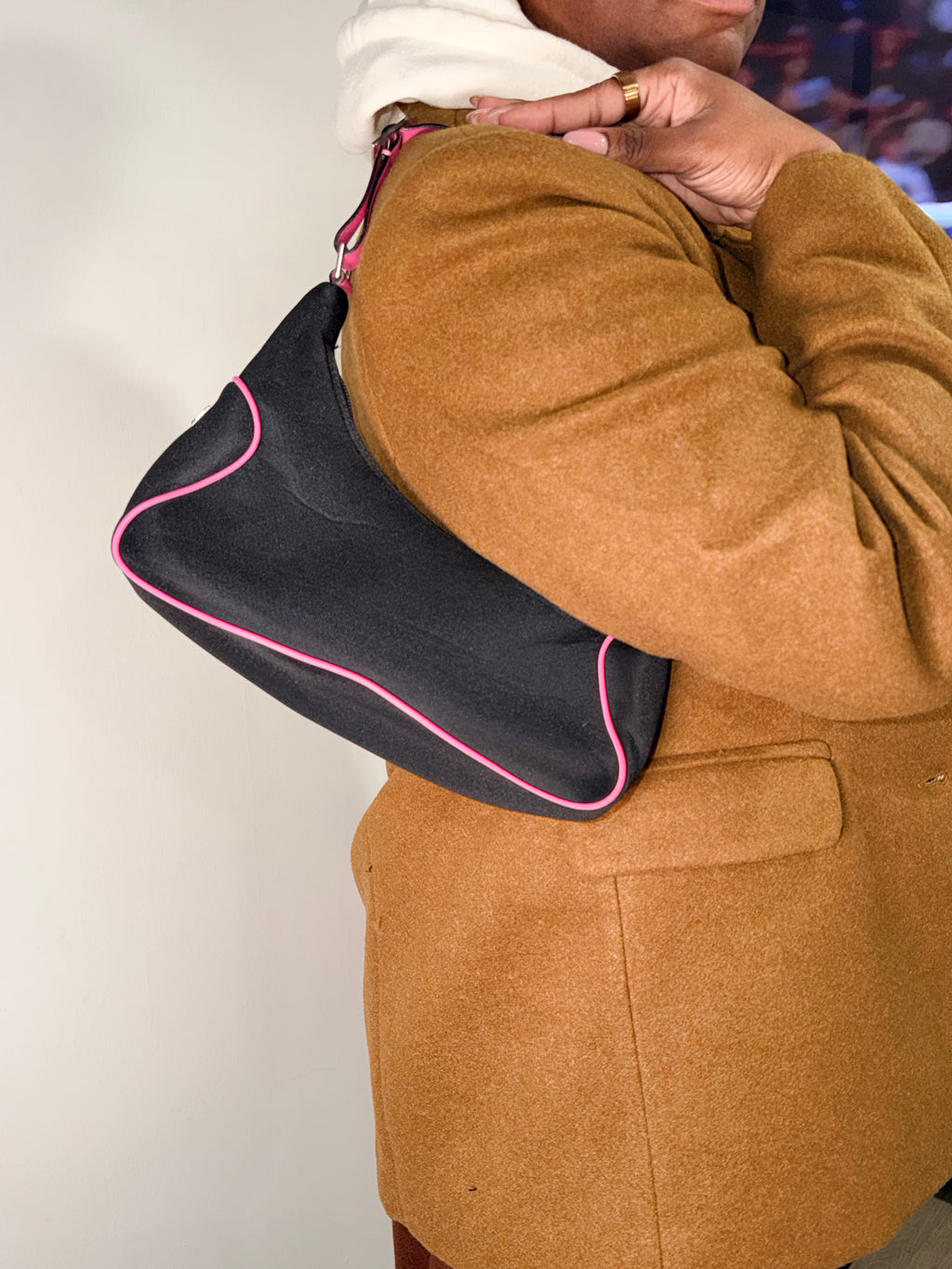 Salvatore Ferragamo Nylon Shoulder Bag – Black with Pink Trim