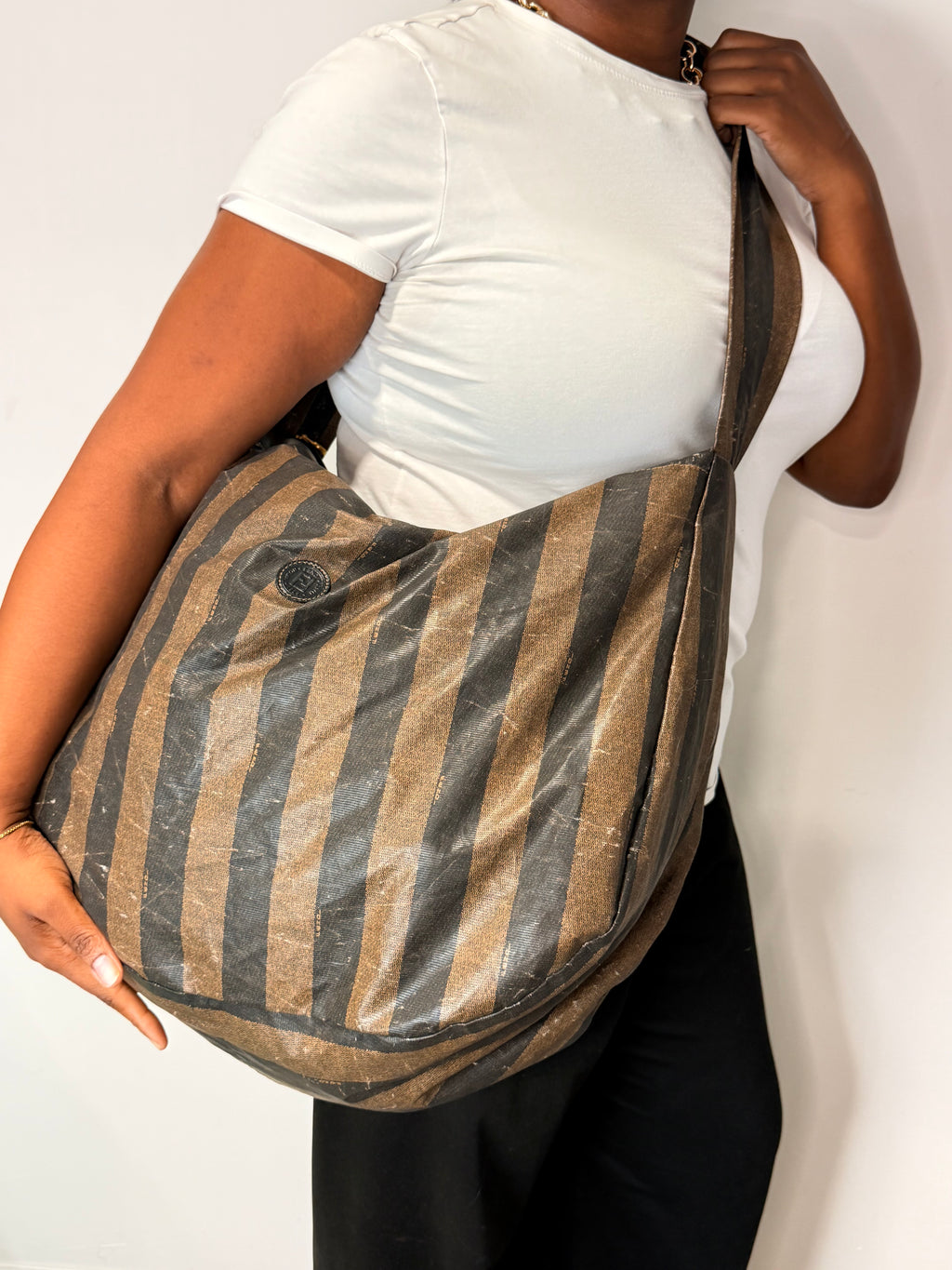 Fendi Vintage Pequin Stripe Large Shoulder/ Crosabody Bag