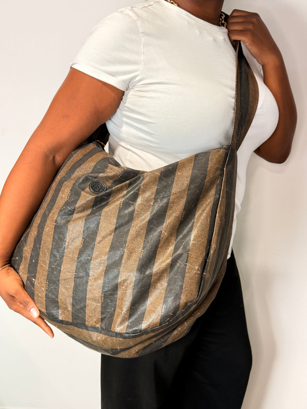 Fendi Vintage Pequin Stripe Large Shoulder/ Crosabody Bag