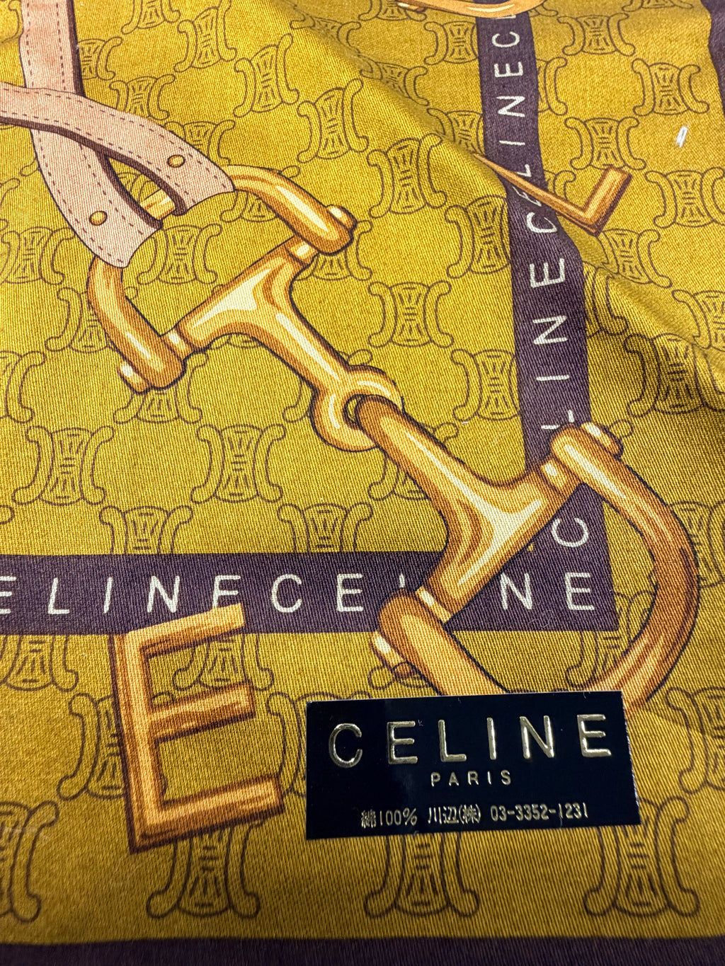 CELINE Vintage Equestrian Logo Scarf – Mustard Gold & Brown
