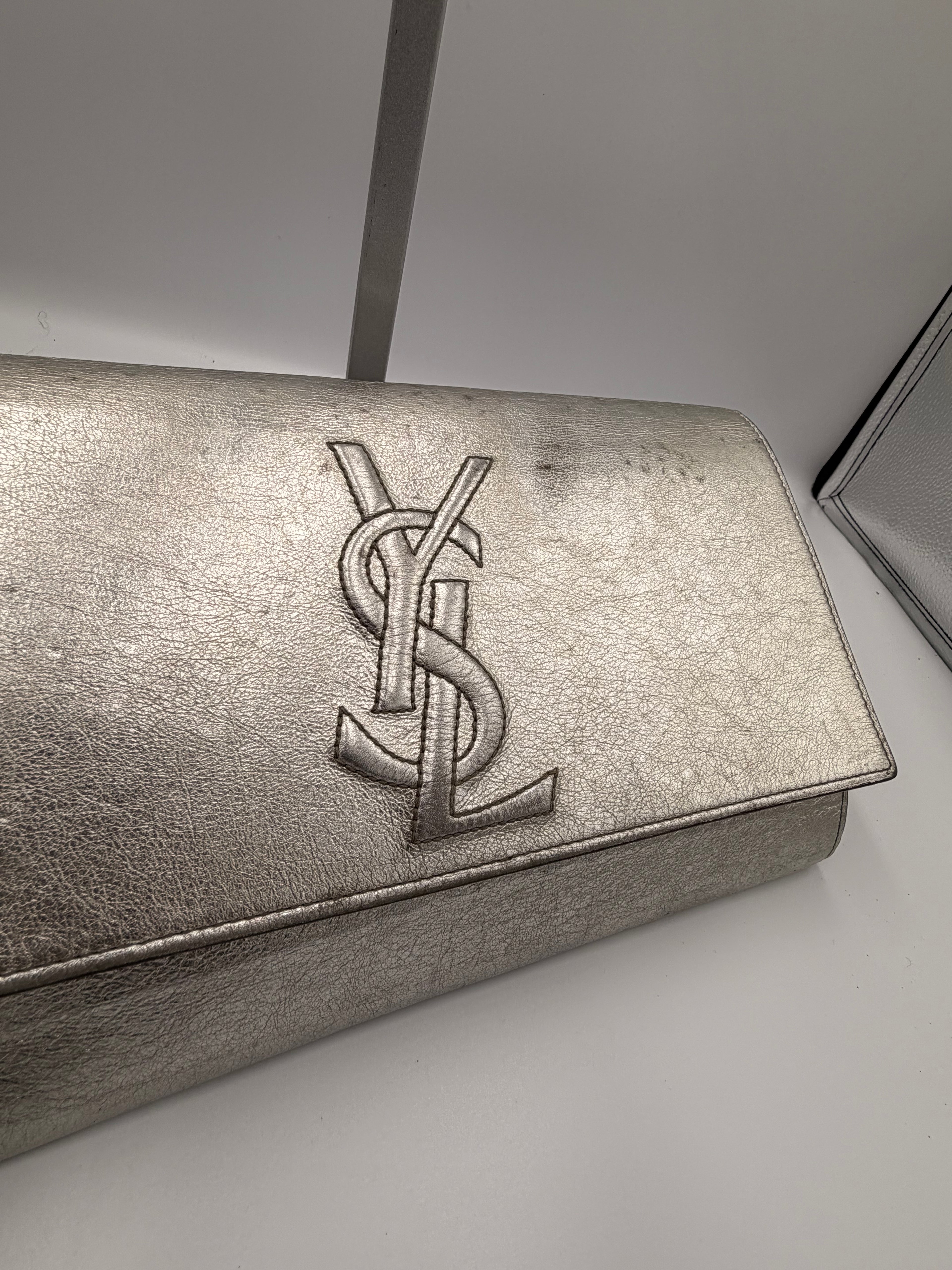 Yves Saint Laurent Metallic YSL Monogram Clutch (Silver/Gold Tone)