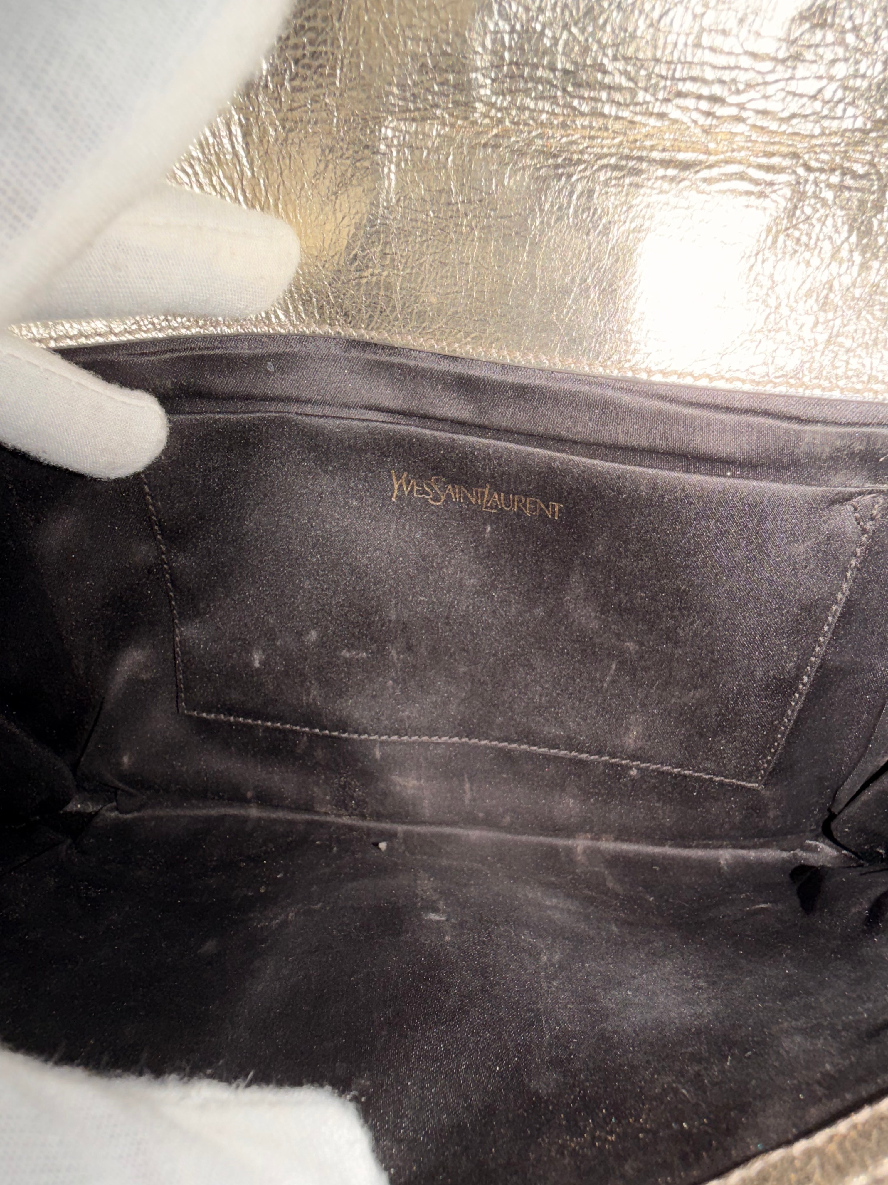 Yves Saint Laurent Metallic YSL Monogram Clutch (Silver/Gold Tone)