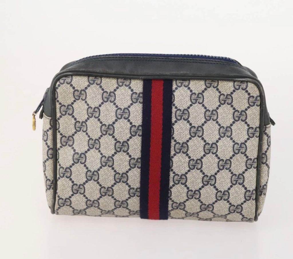 Gucci GG Supreme Web Stripe Cosmetic Pouch – Beige & Navy