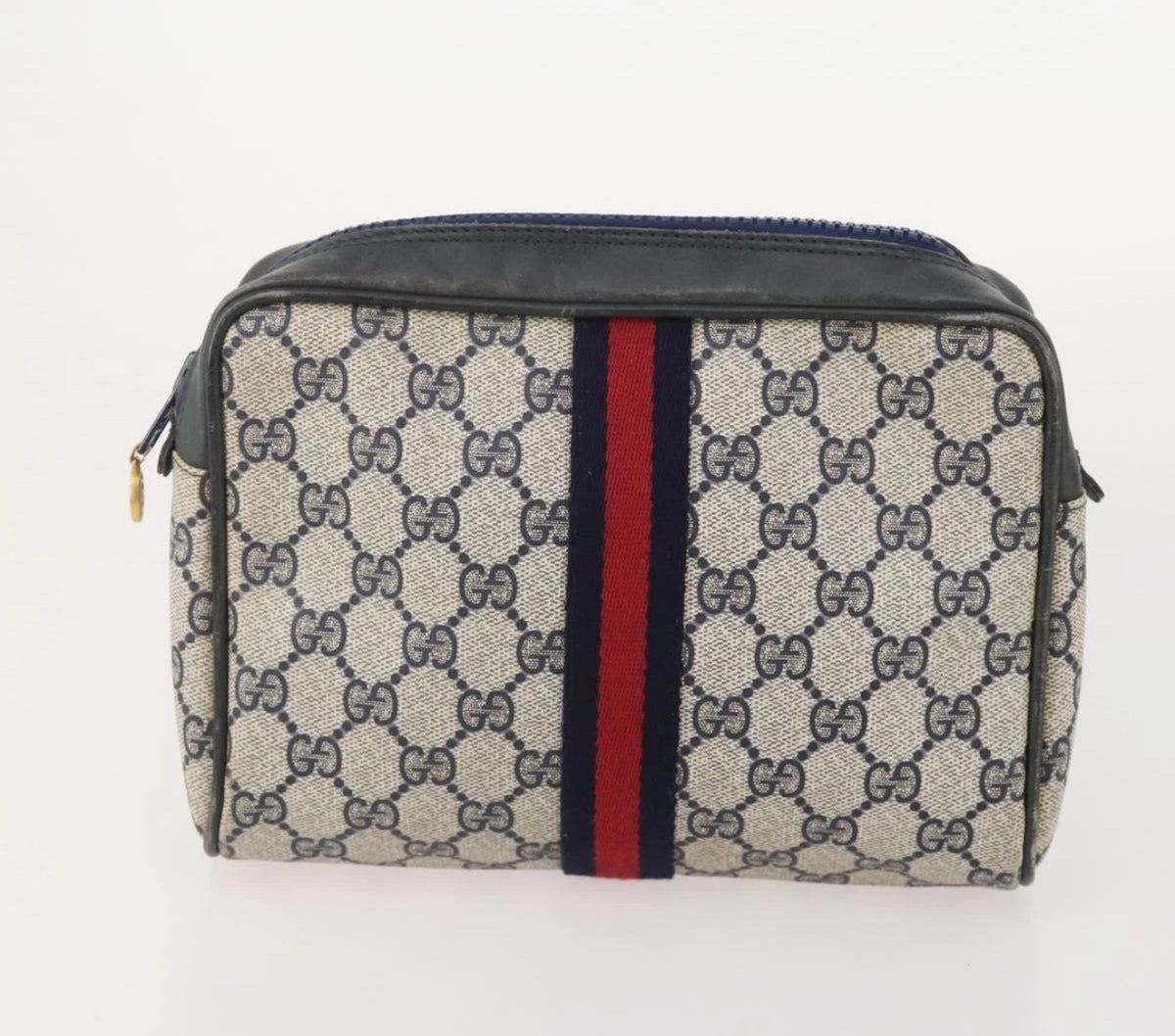 Gucci GG Supreme Web Stripe Cosmetic Pouch – Beige & Navy