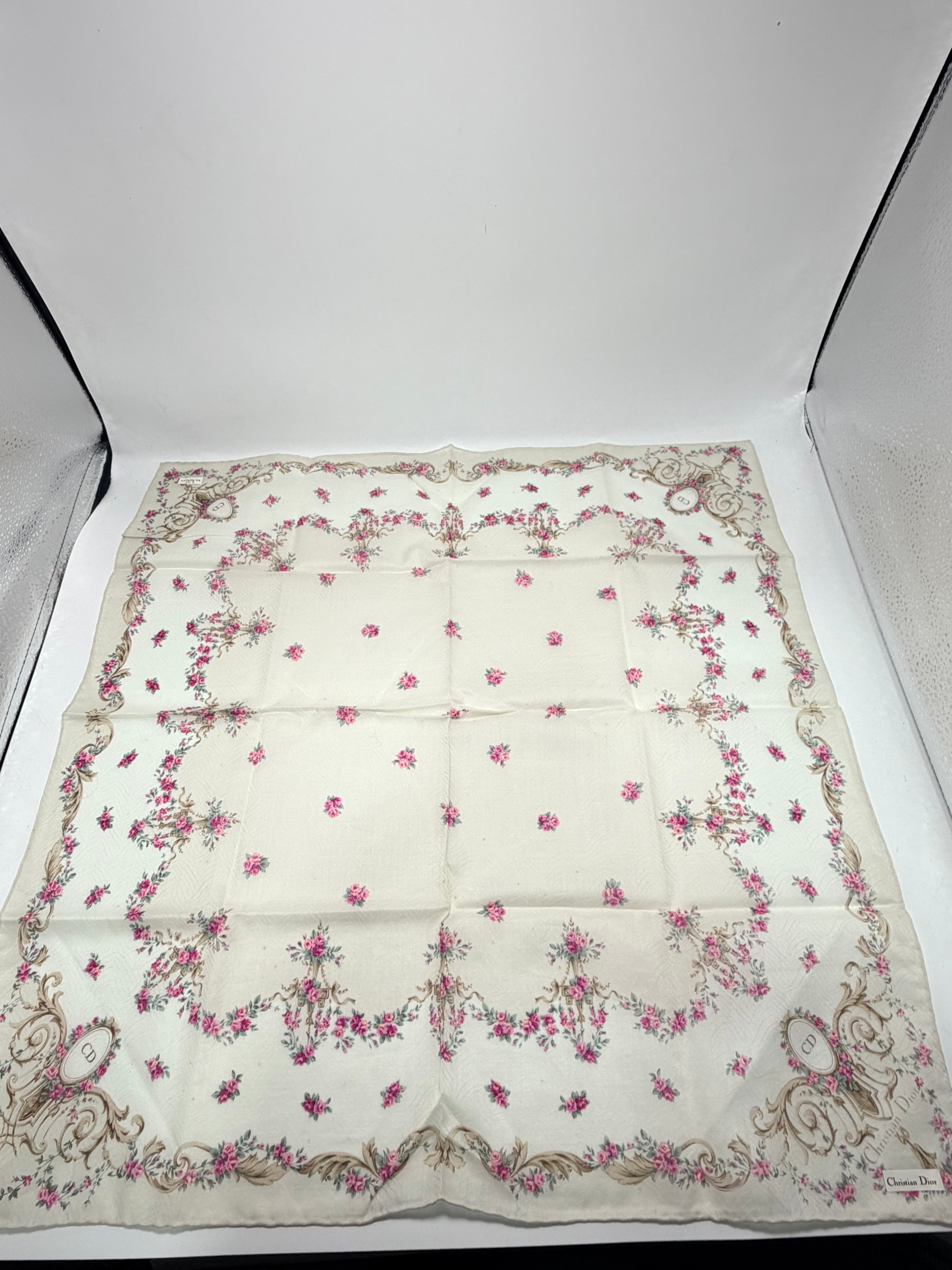 Vintage Christian Dior “Floral Medallion” Cotton Scarf – Ivory & Pink