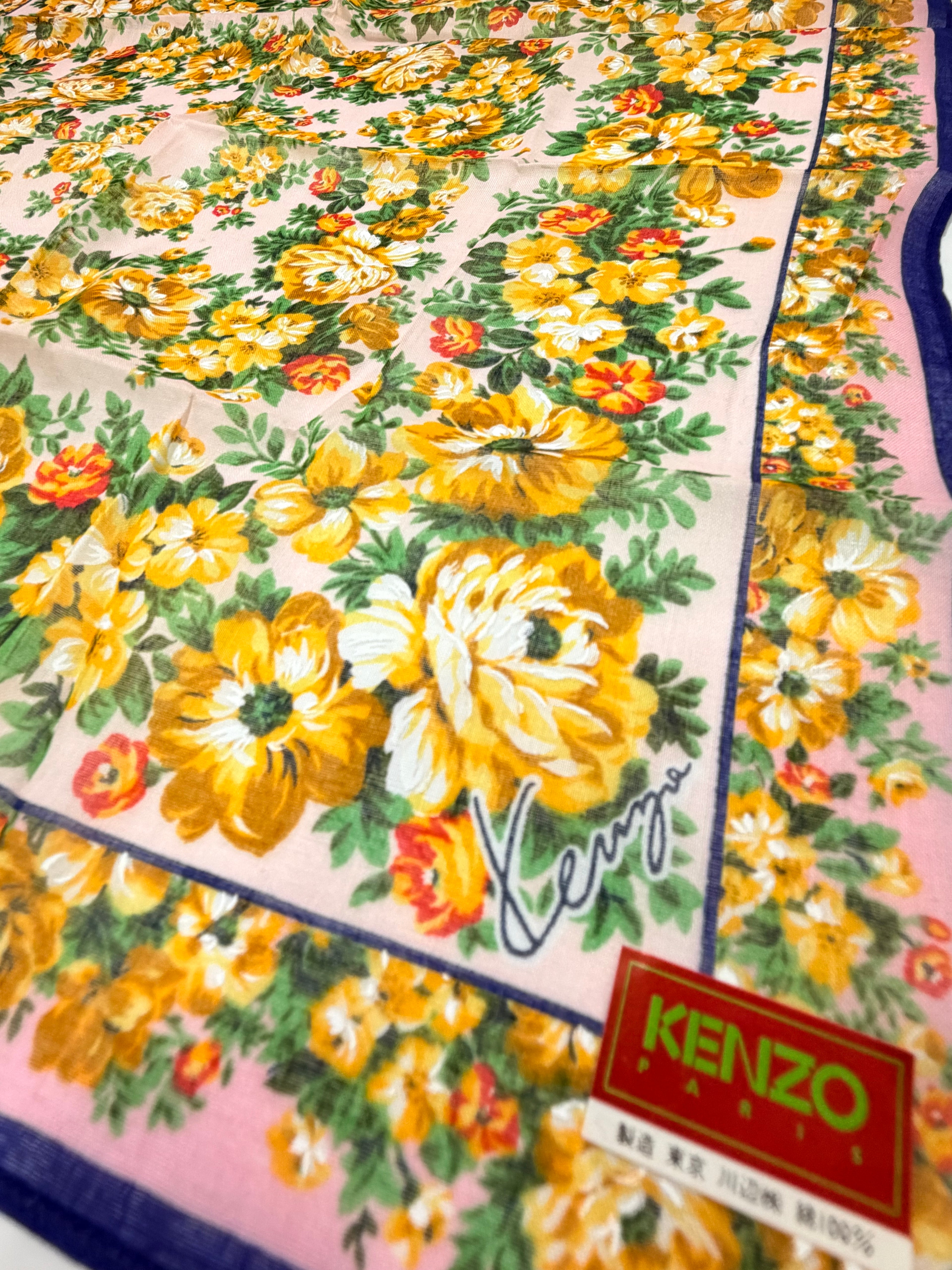Vintage Kenzo Paris Floral Silk Scarf – Yellow, Blush & Violet