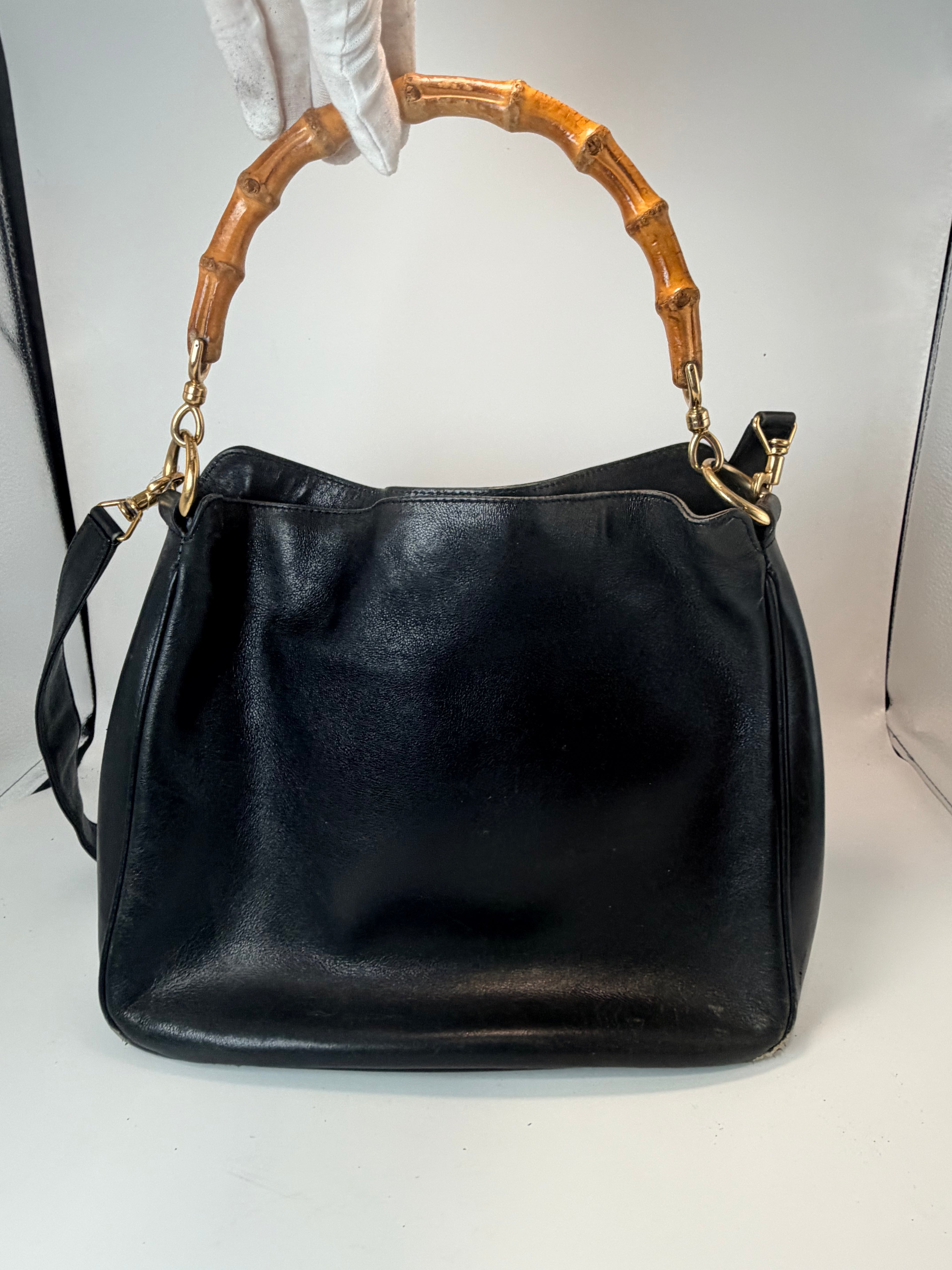 Gucci Black Leather Bamboo Handle Shoulder Bag | Crossbody Strap