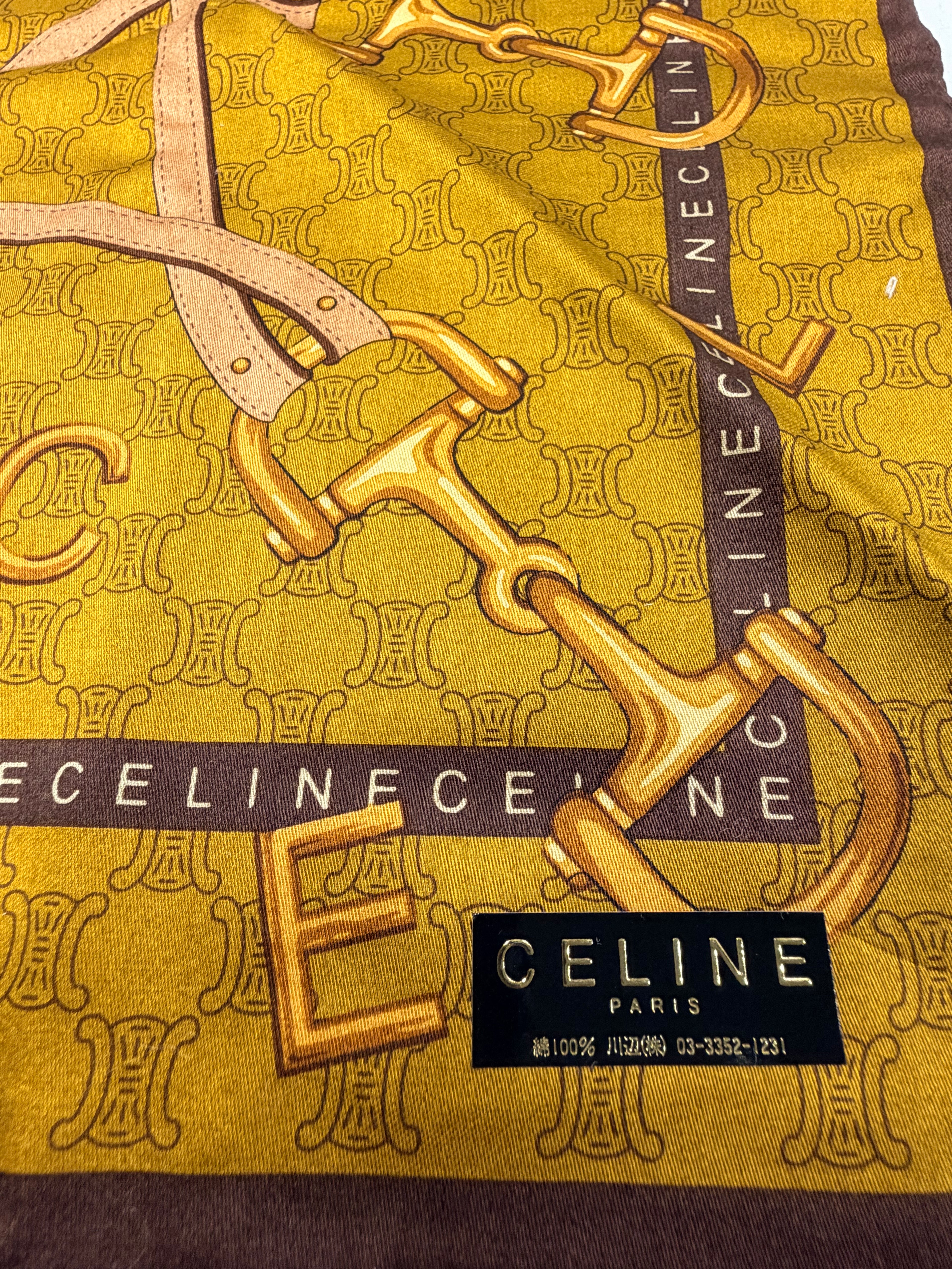 CELINE Vintage Equestrian Logo Scarf – Mustard Gold & Brown