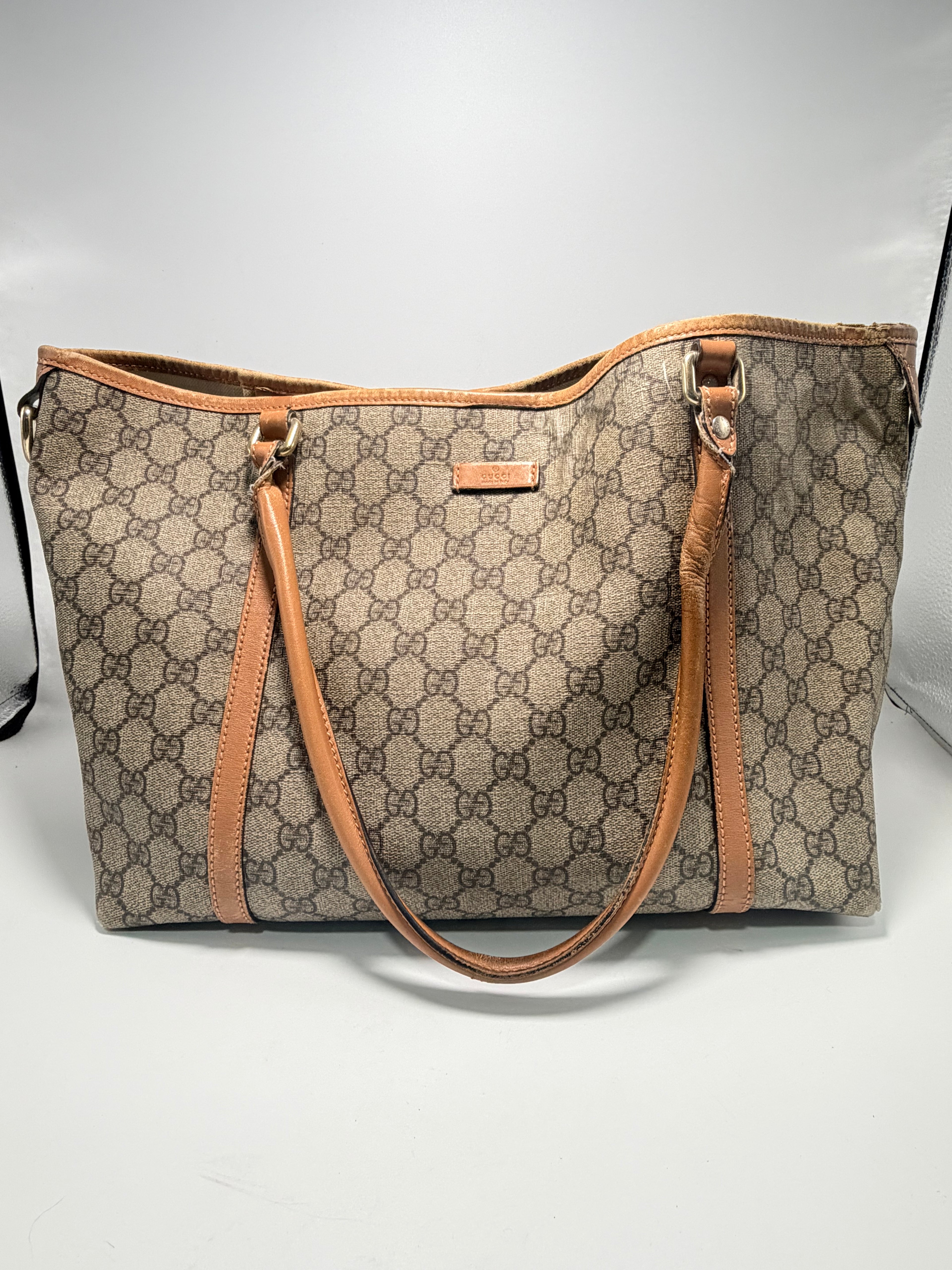 GUCCI GG Canvas Tote – Beige/Ebony with Brown Leather Trim