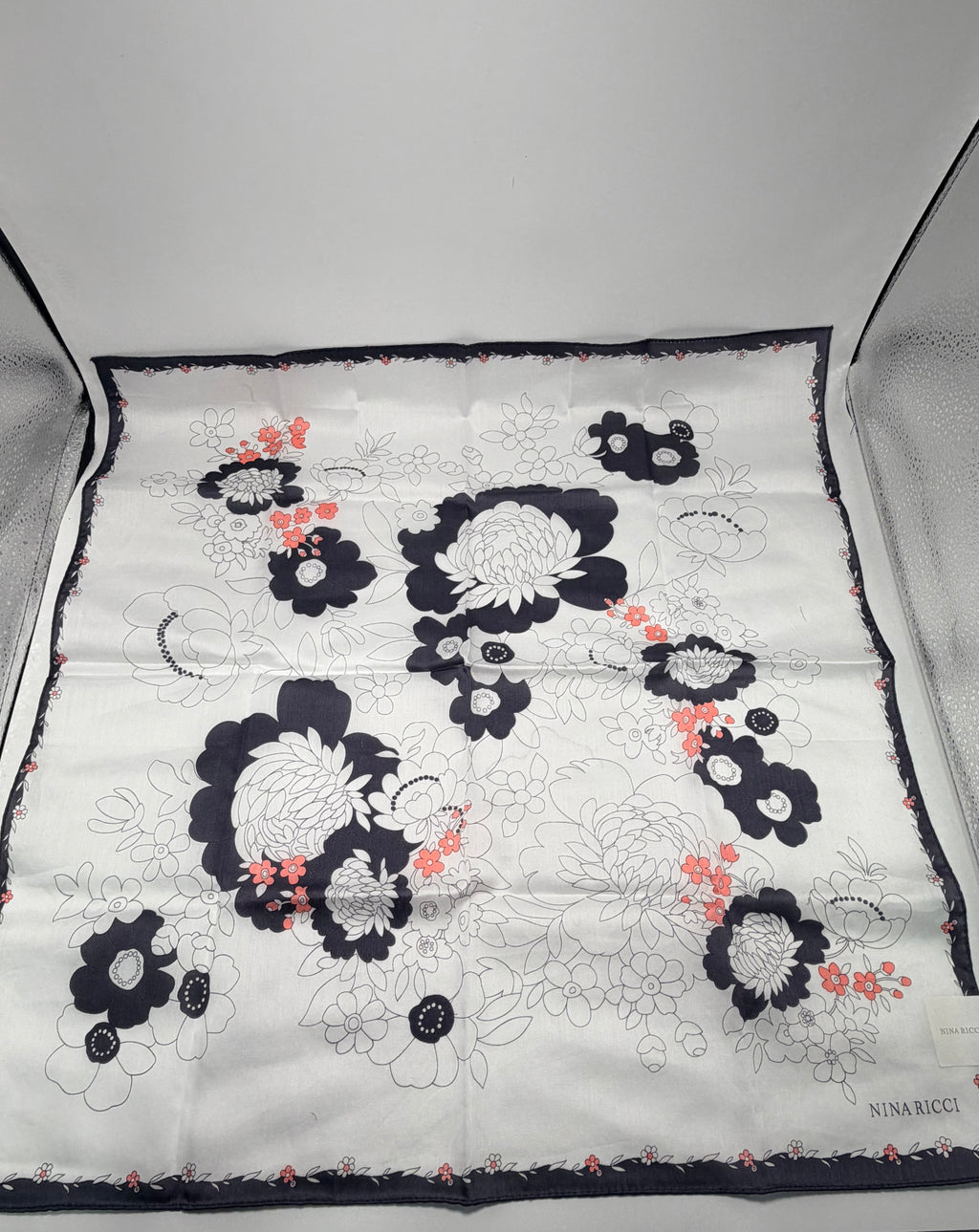 Nina Ricci Floral Silk Scarf – Black, Ivory & Coral