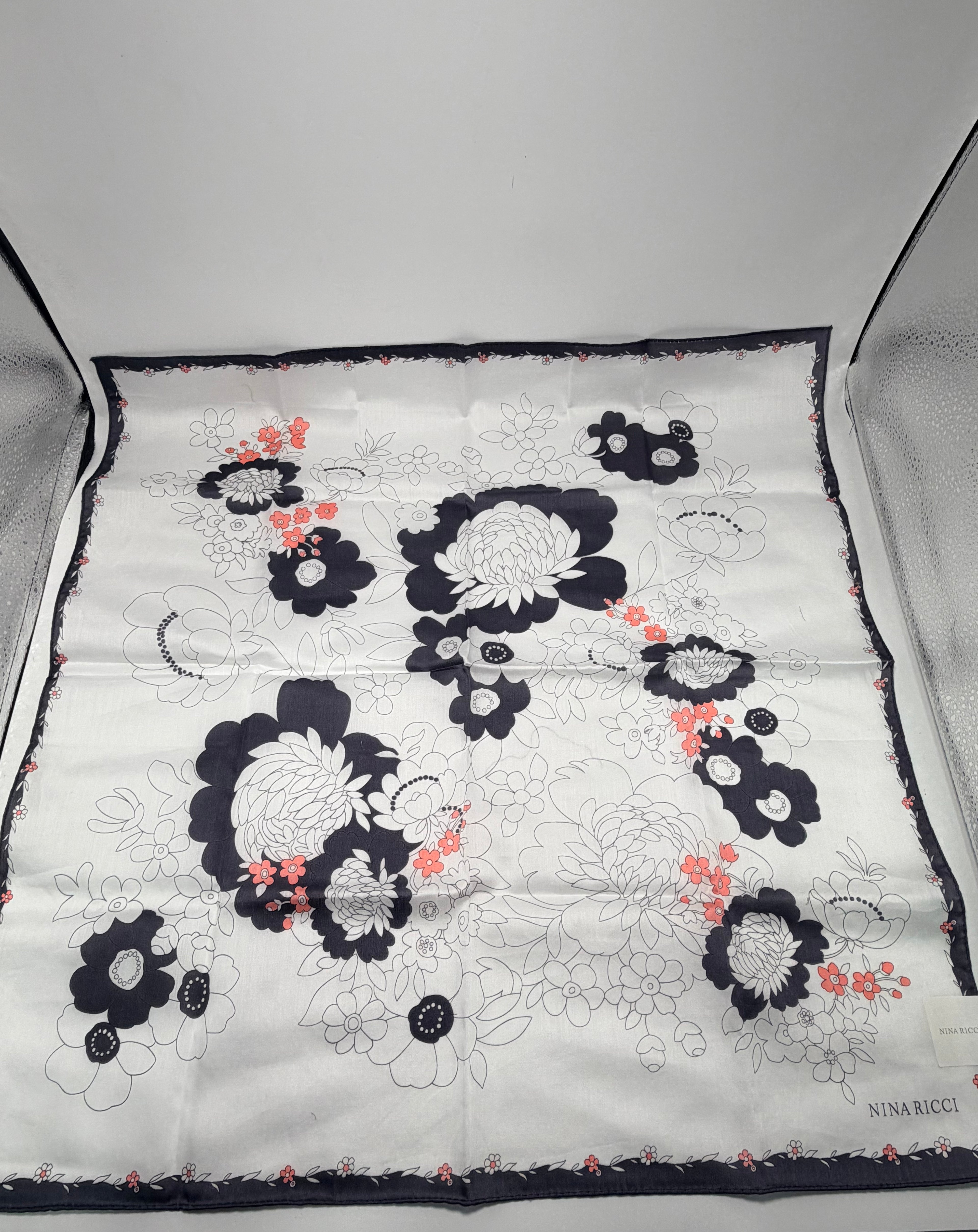 Nina Ricci Floral Silk Scarf – Black, Ivory & Coral