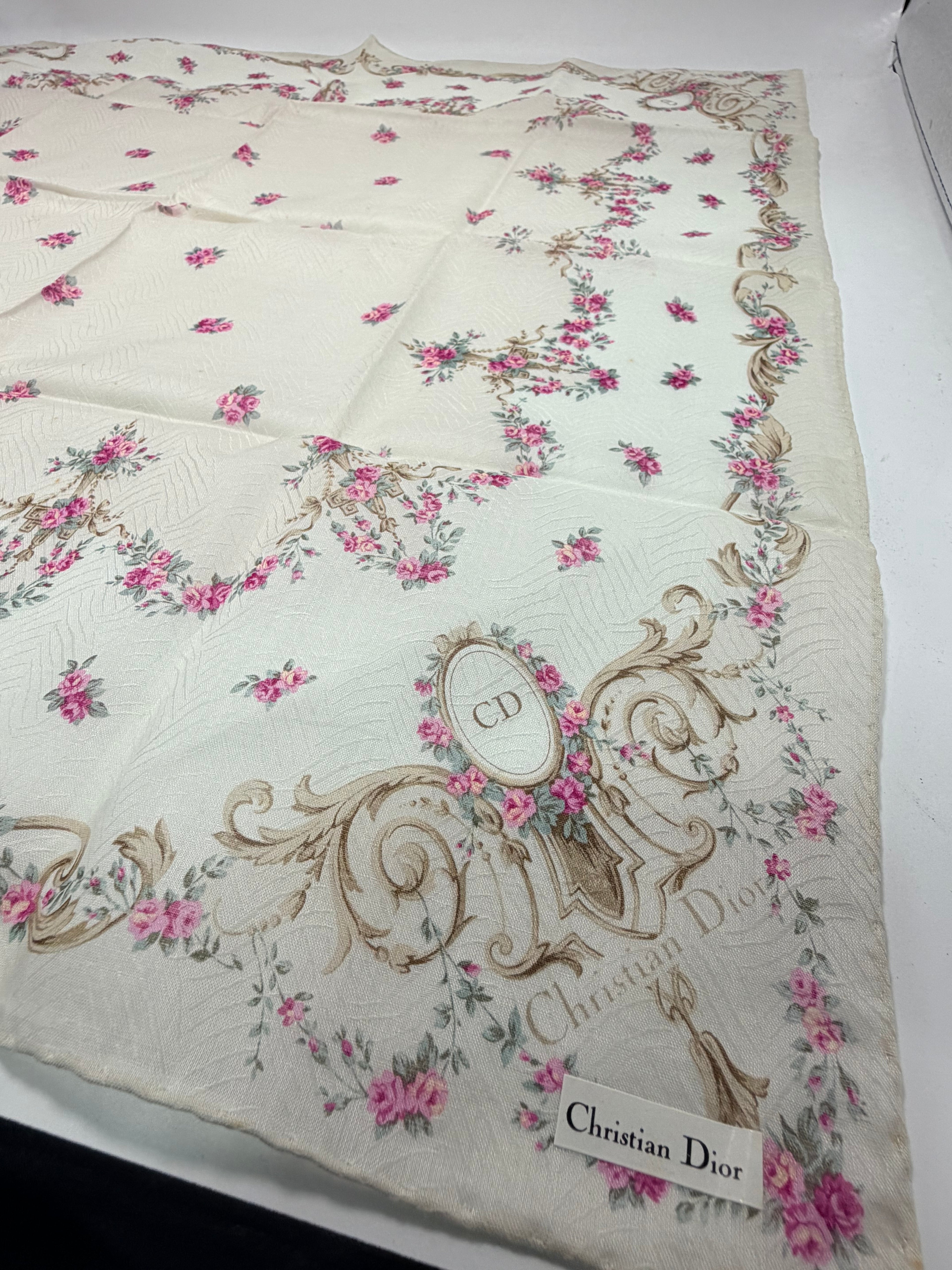 Vintage Christian Dior “Floral Medallion” Cotton Scarf – Ivory & Pink