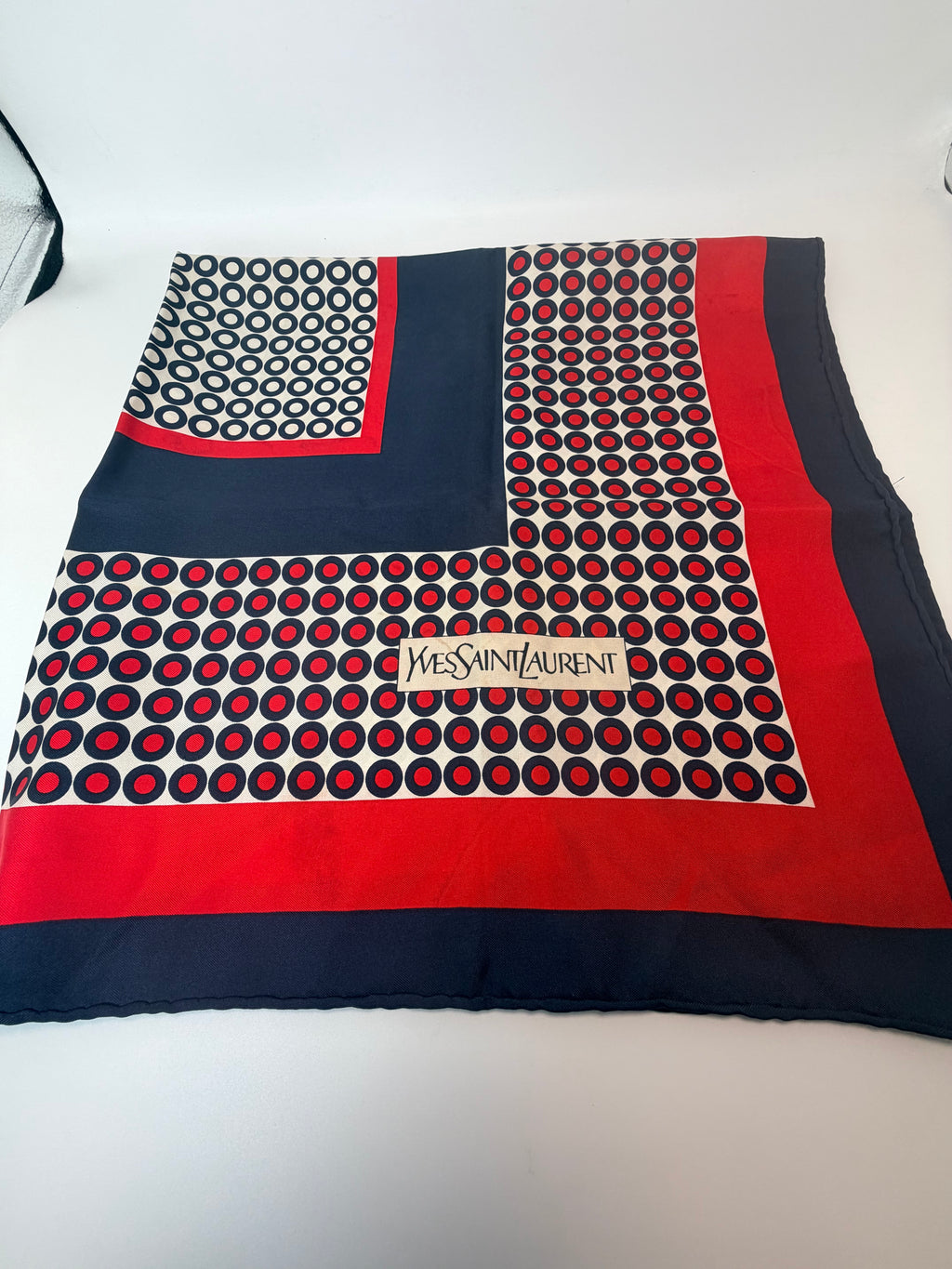 Yves Saint Laurent Silk Scarf – Navy, Red & White Geometric Print