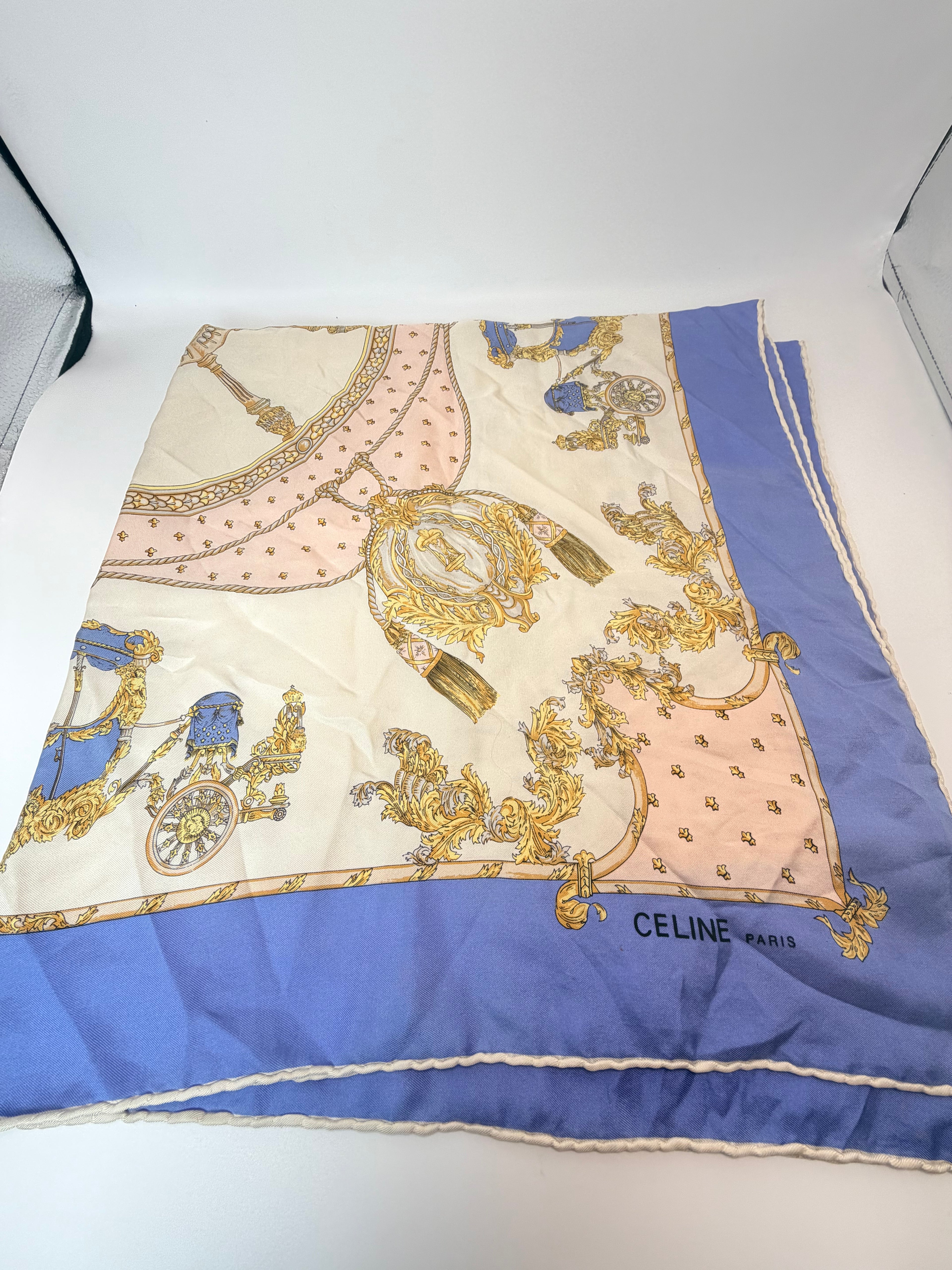 Vintage Celine Paris Silk Scarf – Blue & Gold Baroque Print