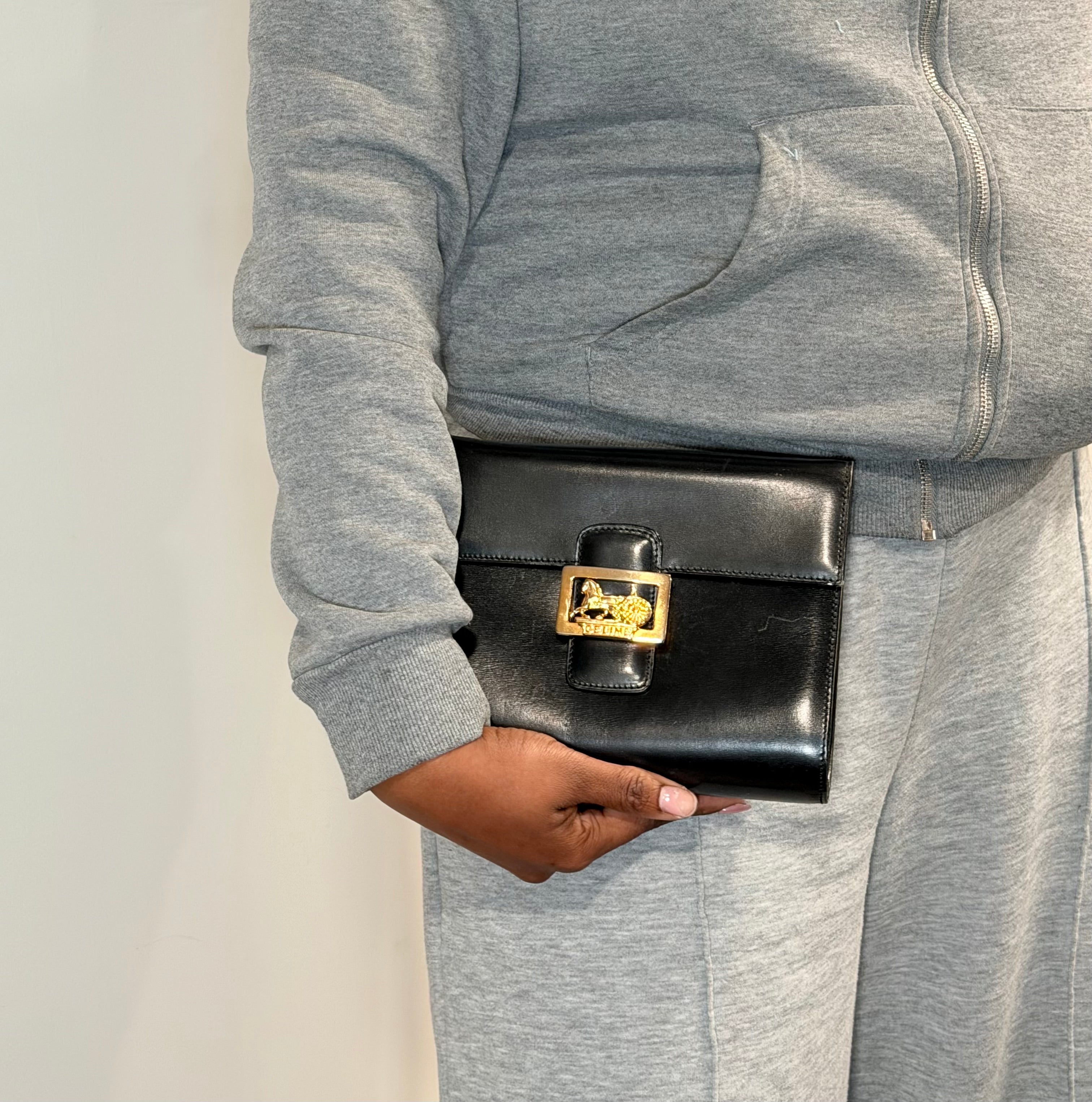 Celine Black Leather Horse Carriage Clutch
