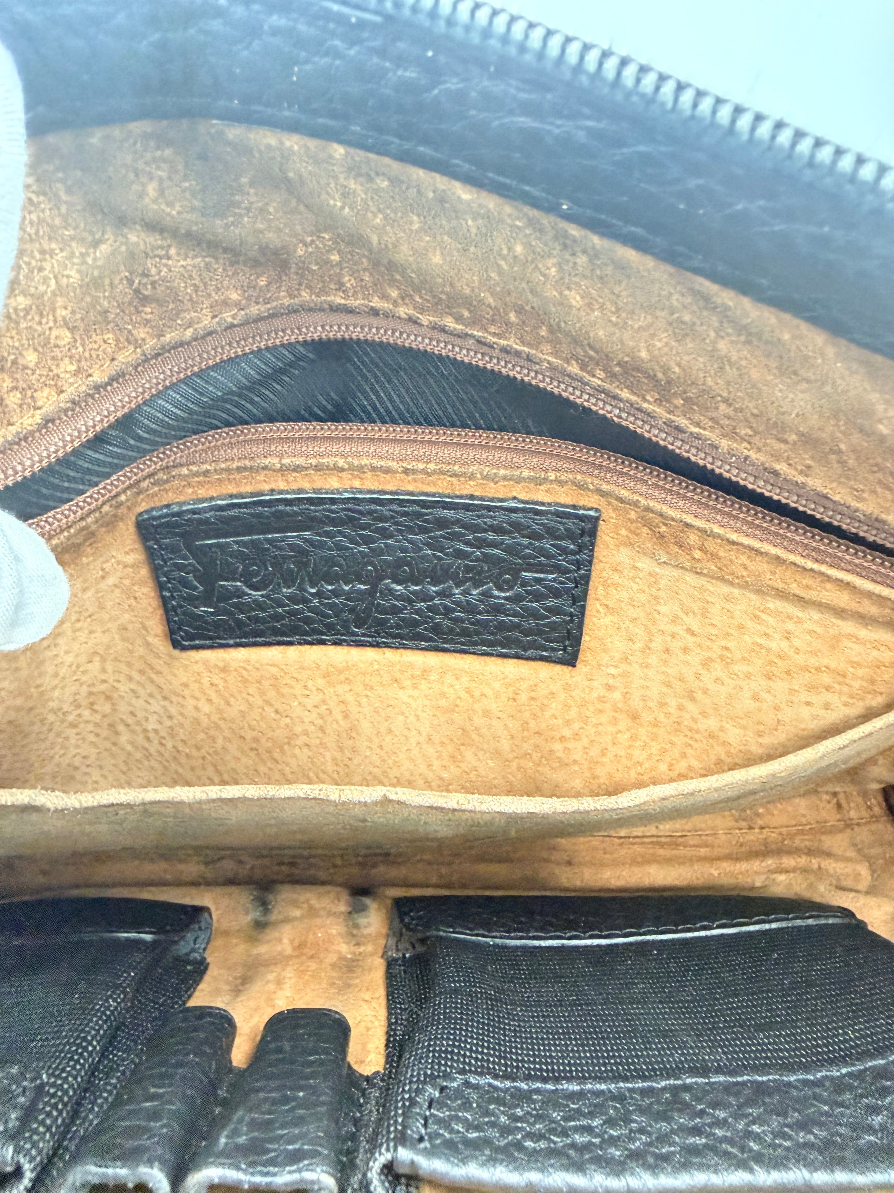 Salvatore Ferragamo Black Pebbled Leather Organizer Clutch