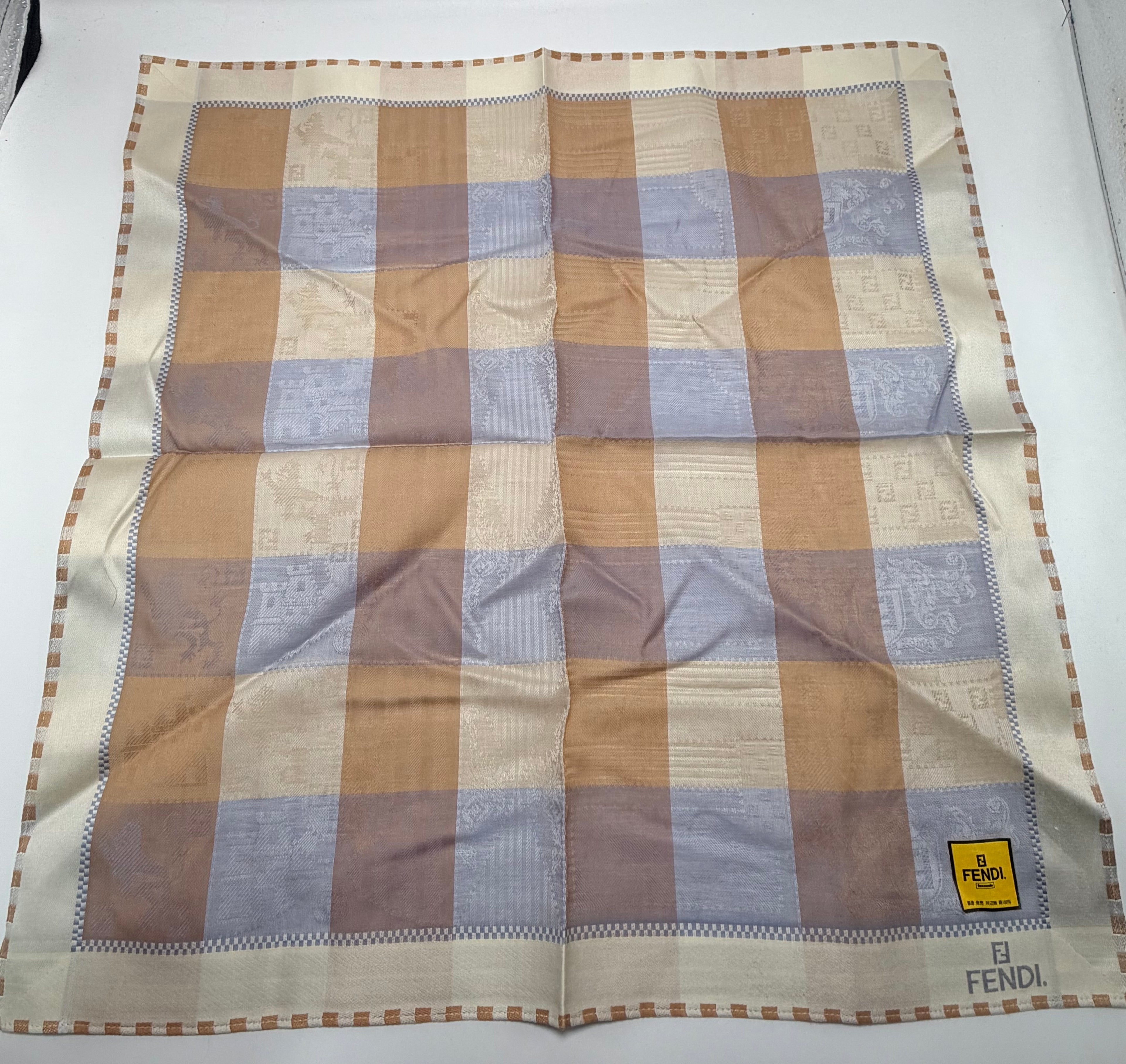 FENDI Vintage Logo Check Scarf – Beige, Tan & Dusty Lavender/ Blue