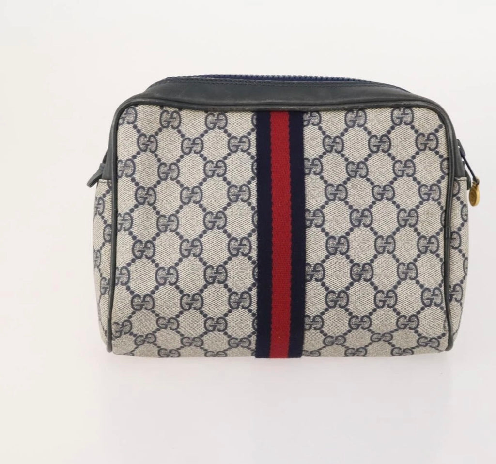Gucci GG Supreme Web Stripe Cosmetic Pouch – Beige & Navy