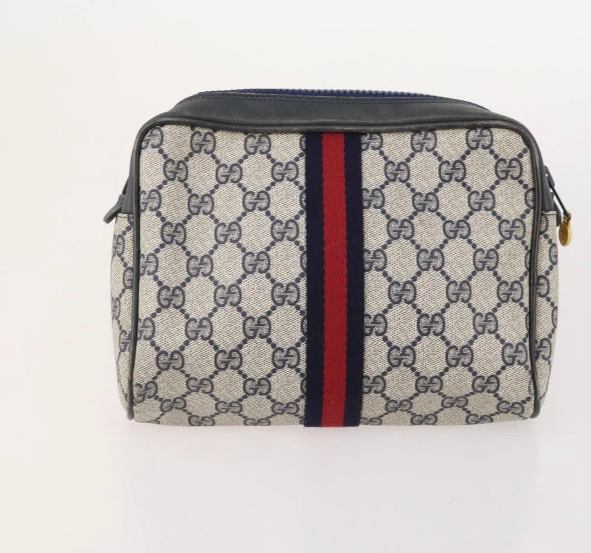 Gucci GG Supreme Web Stripe Cosmetic Pouch – Beige & Navy