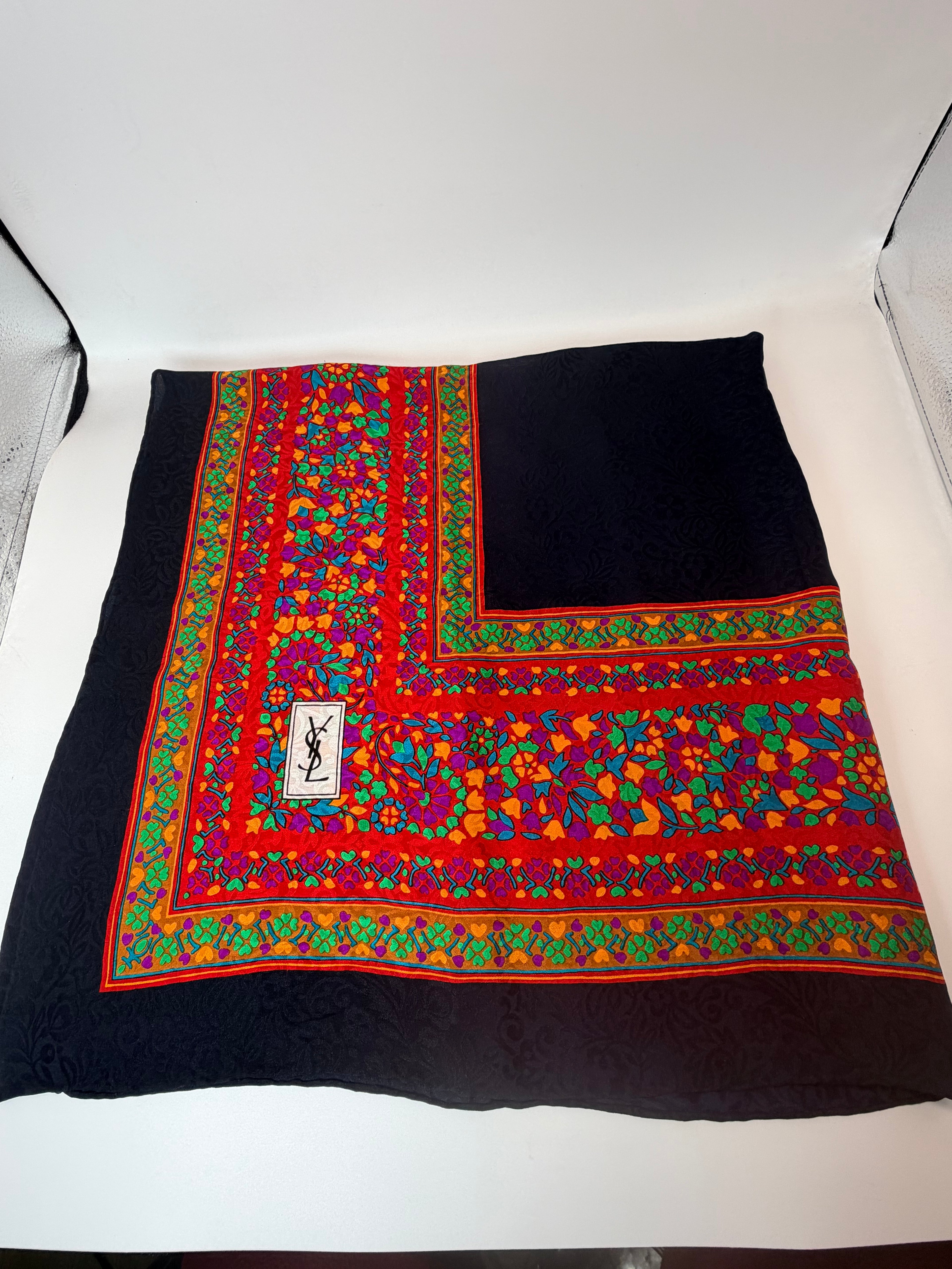 Yves Saint Laurent Silk Scarf – Black with Multicolor Floral Border