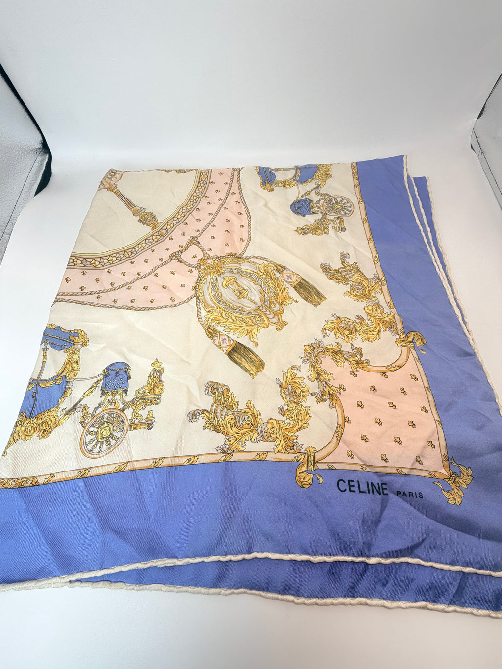 Vintage Celine Paris Silk Scarf – Blue & Gold Baroque Print