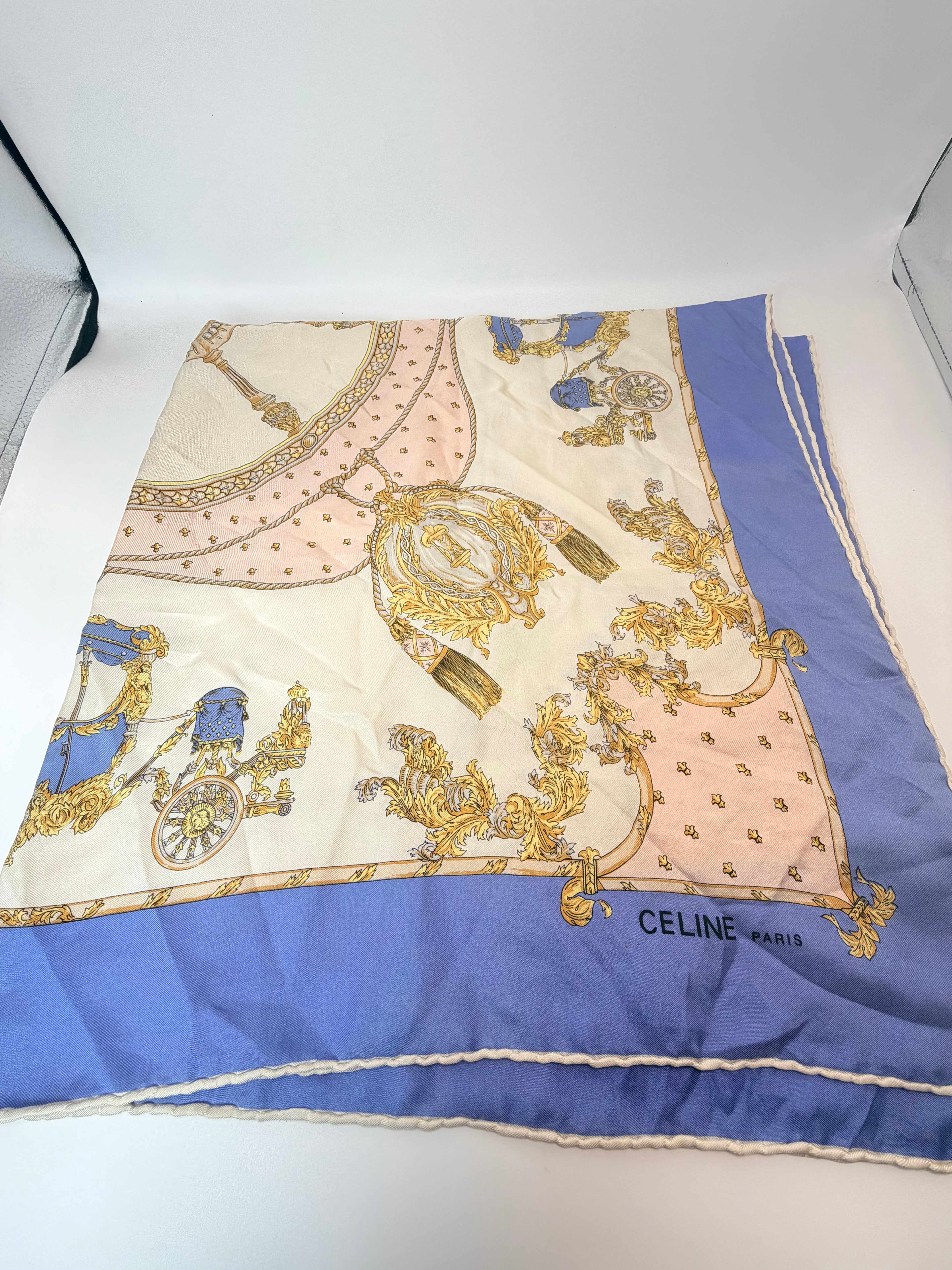 Vintage Celine Paris Silk Scarf – Blue & Gold Baroque Print