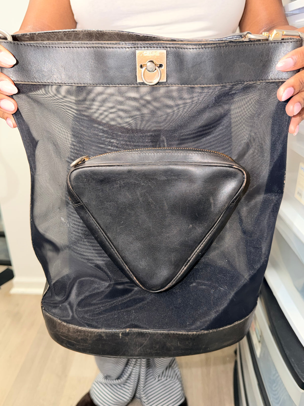 Celine Black Mesh & Leather Shoulder Tote Bag