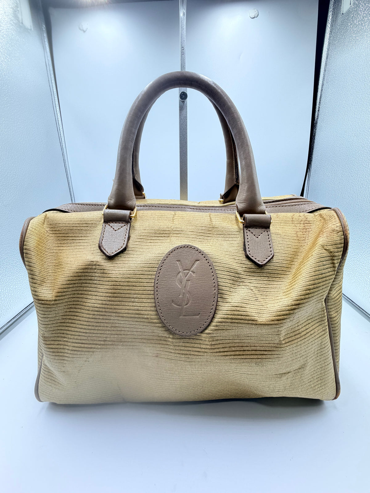 Yves Saint Laurent YSL Beige Canvas Boston Bag