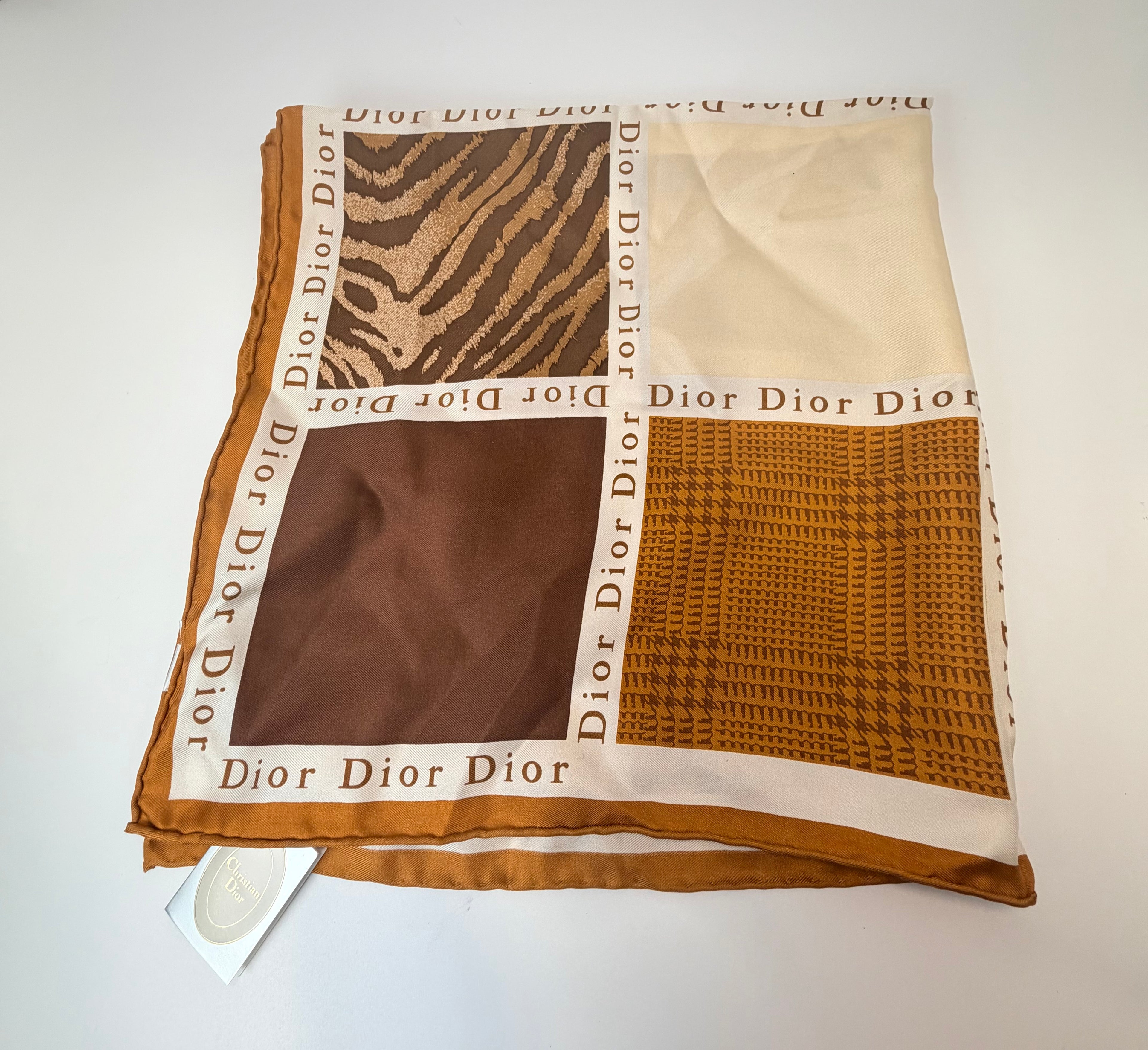 Christian Dior Silk Logo Patchwork Scarf — Brown Tones (With Tags)