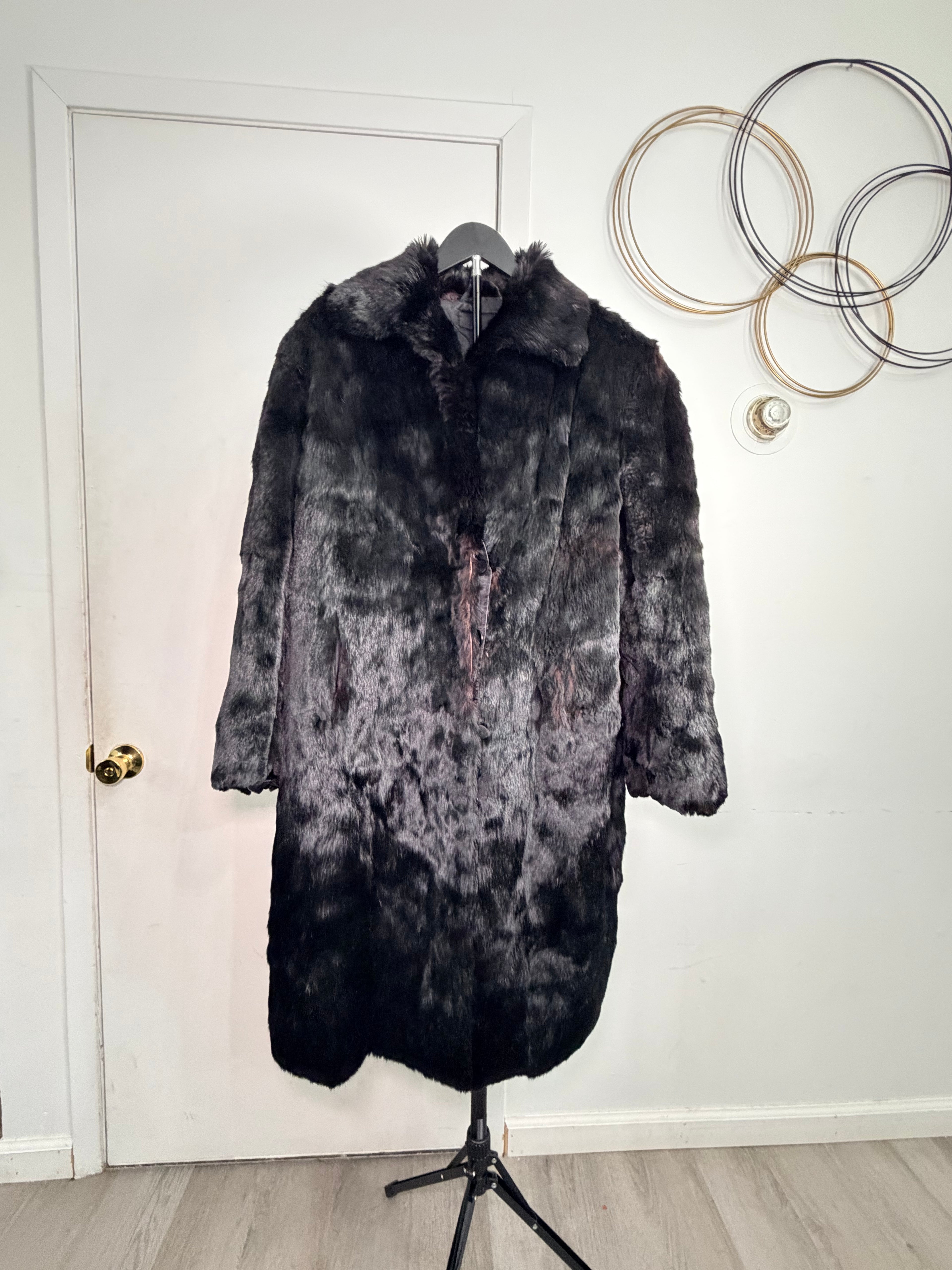 Vintage Real Rabbit Fur Coat – Deep Charcoal Black (XLarge)