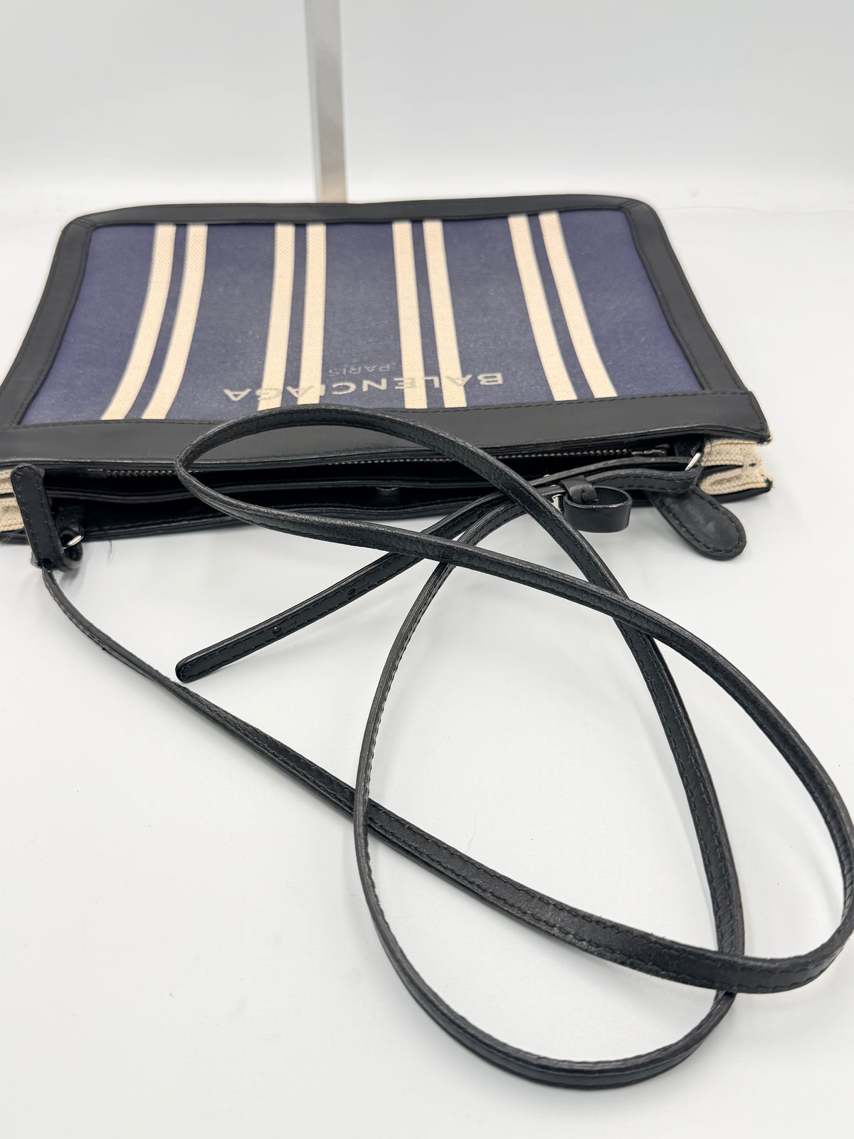 Balenciaga Navy Striped Canvas Crossbody Clutch Bag
