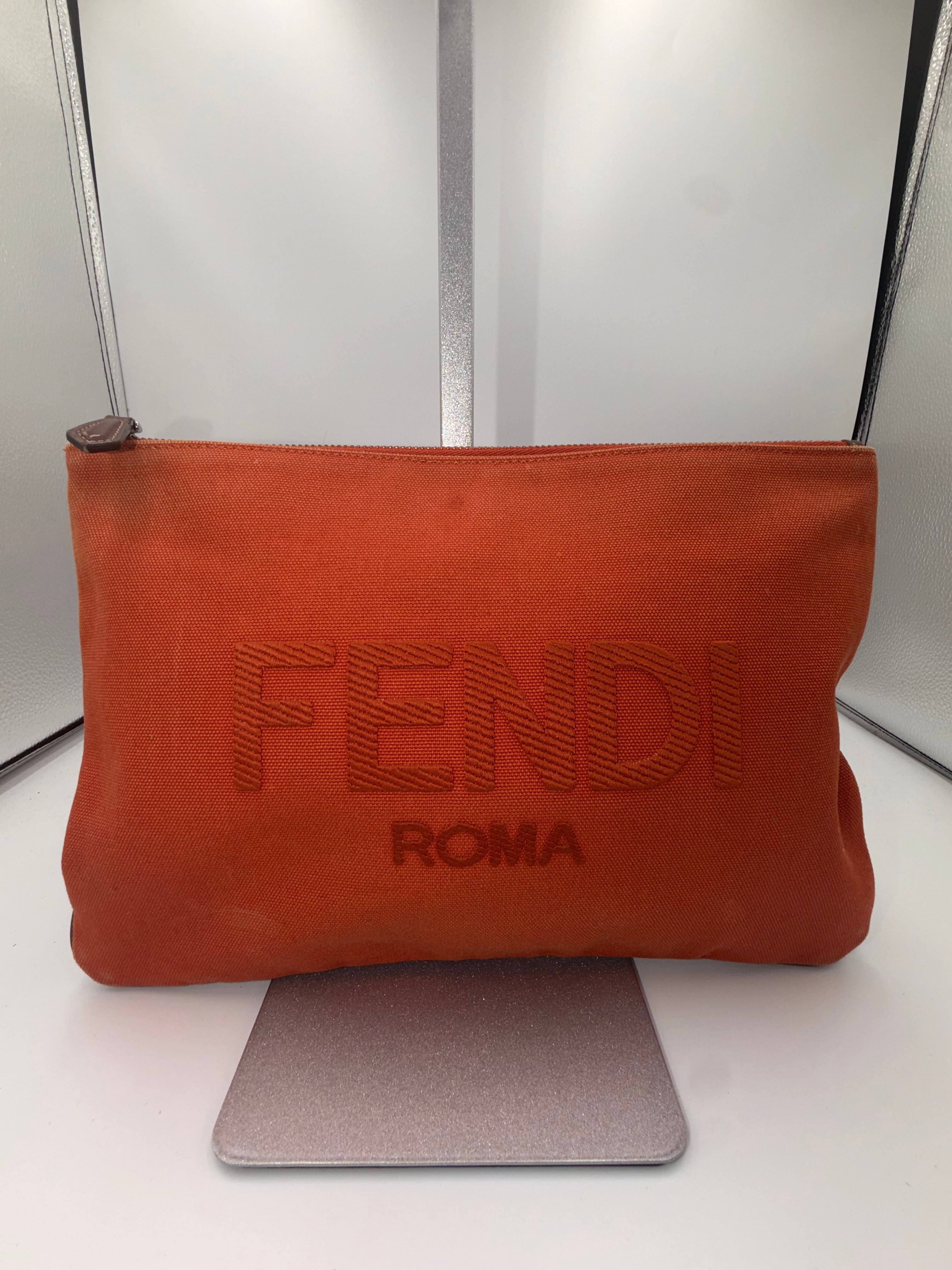 Fendi Roma Embroidered Logo Canvas Clutch