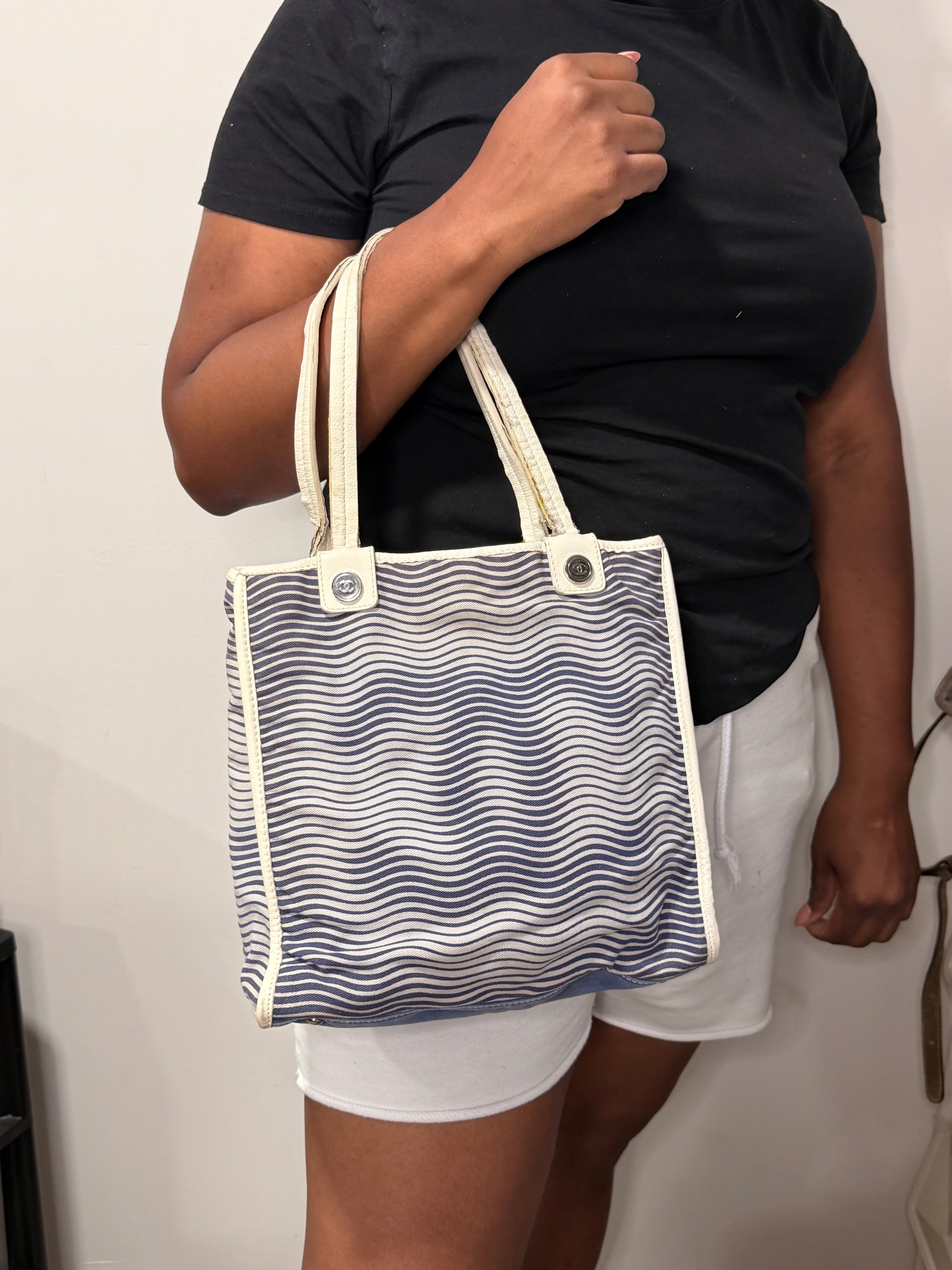 Chanel Wavy Canvas Tote – Blue & White - Silver CC Hardware