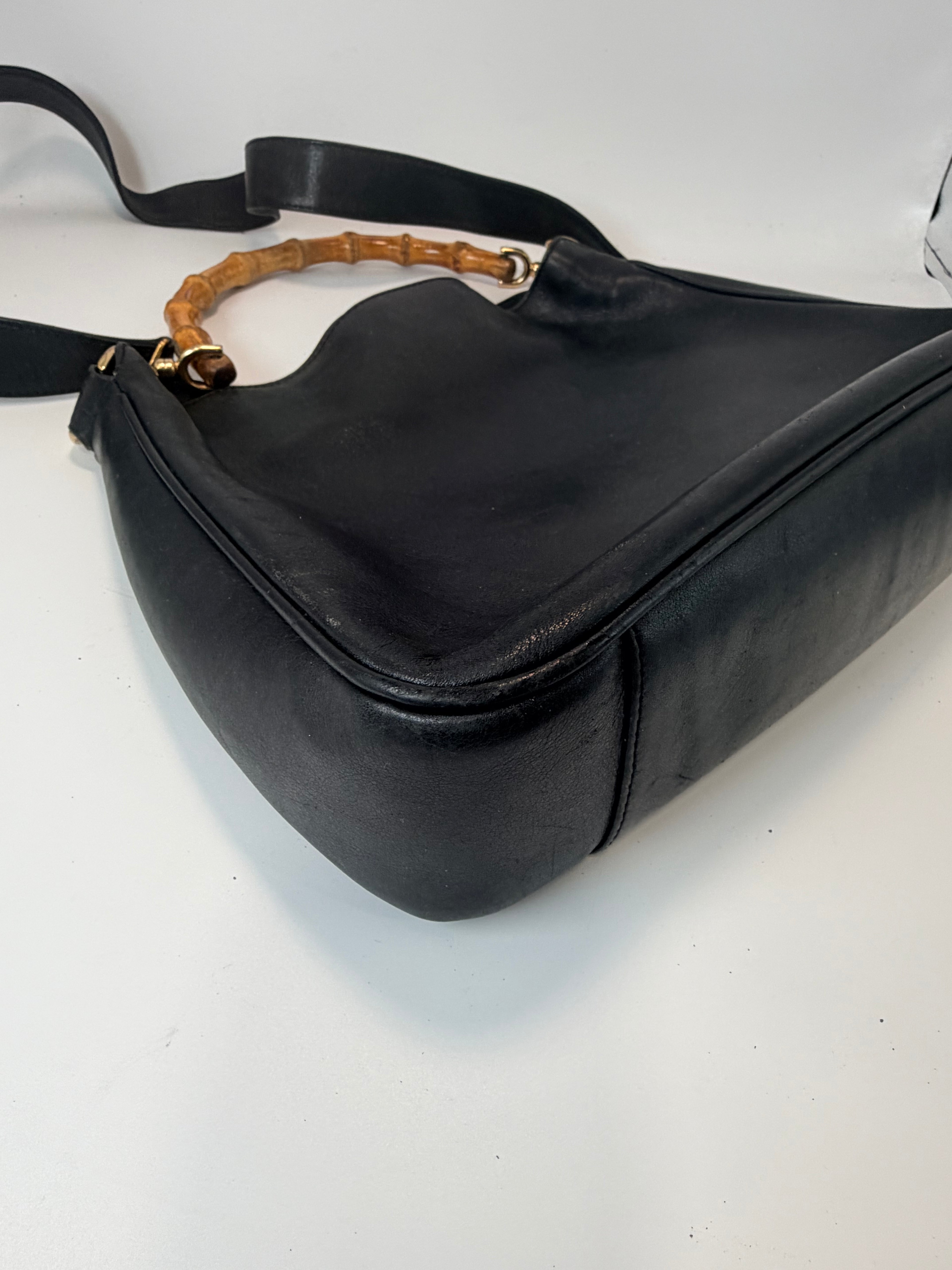 Gucci Black Leather Bamboo Handle Shoulder Bag | Crossbody Strap