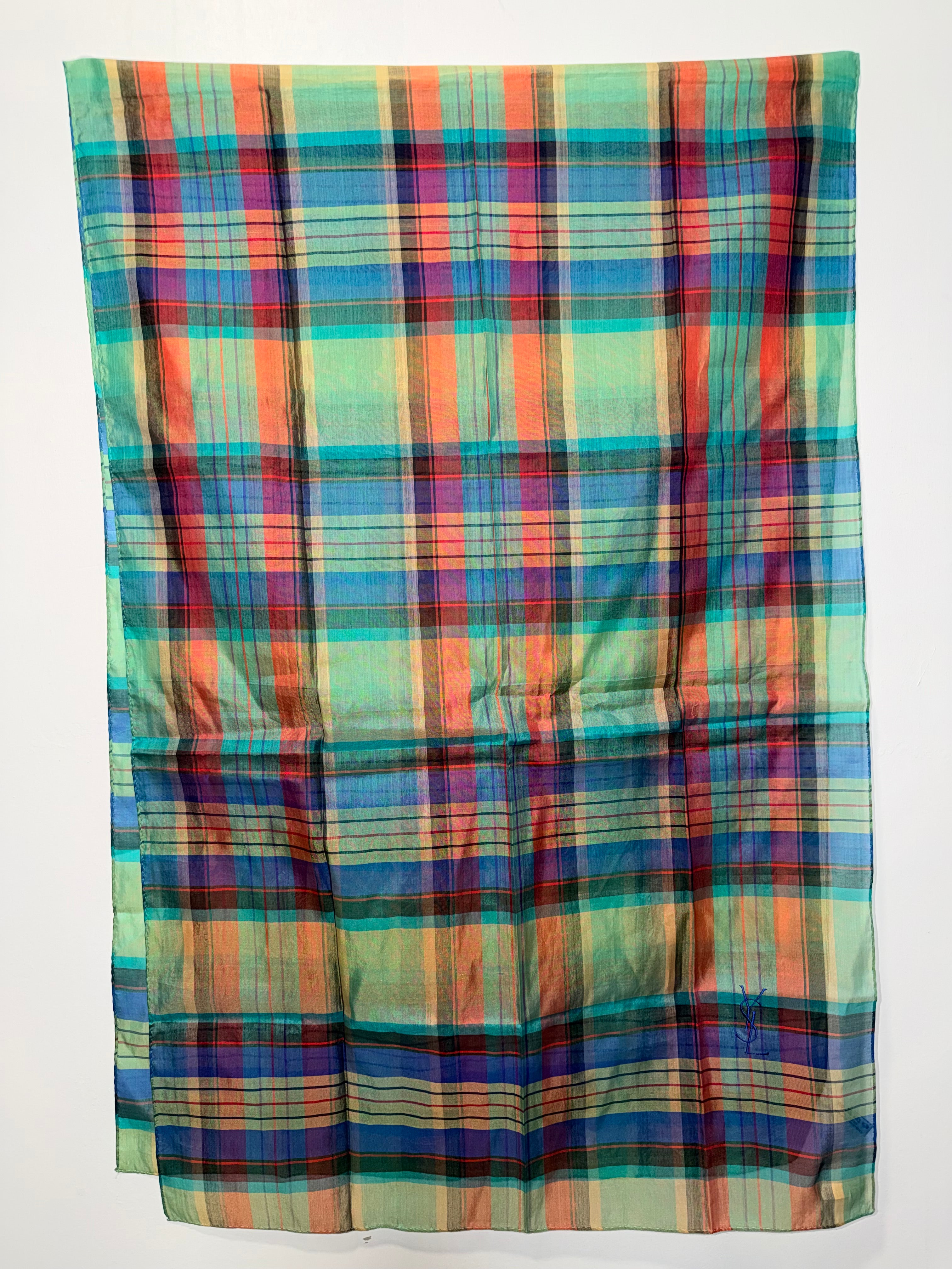 Yves Saint Laurent Oversized Plaid Silk Scarf in Multicolor Jewel Tones