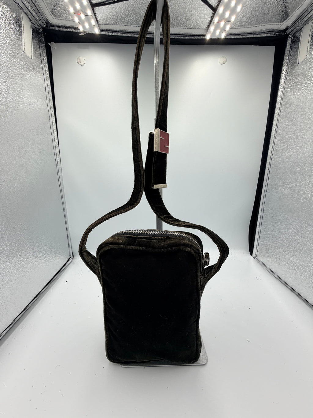 Fendi Black Velvet Mini Crossbody / Shoulder Bag with Red FF Buckle